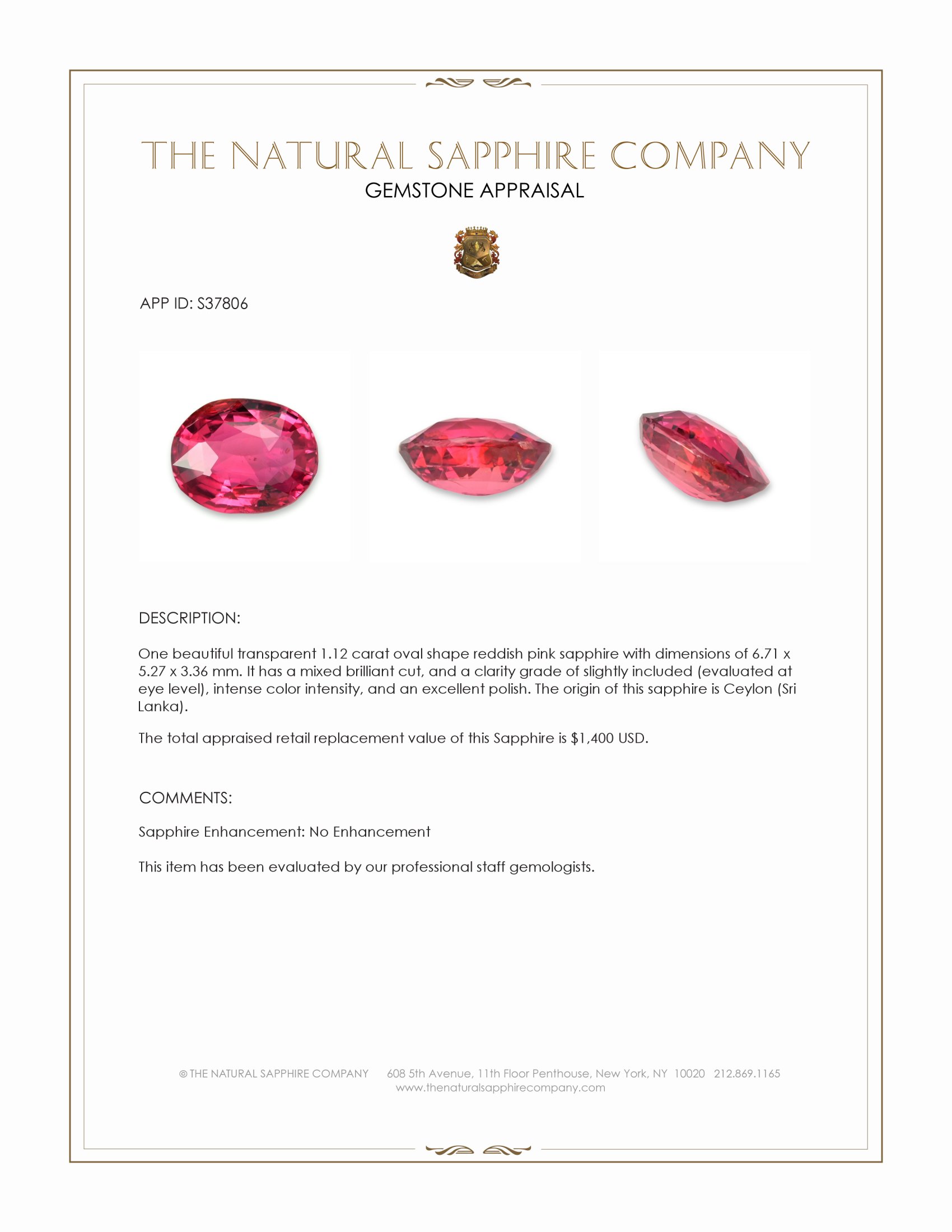 1.12 Ct. Reddish Pink Sapphire from Ceylon (Sri Lanka)