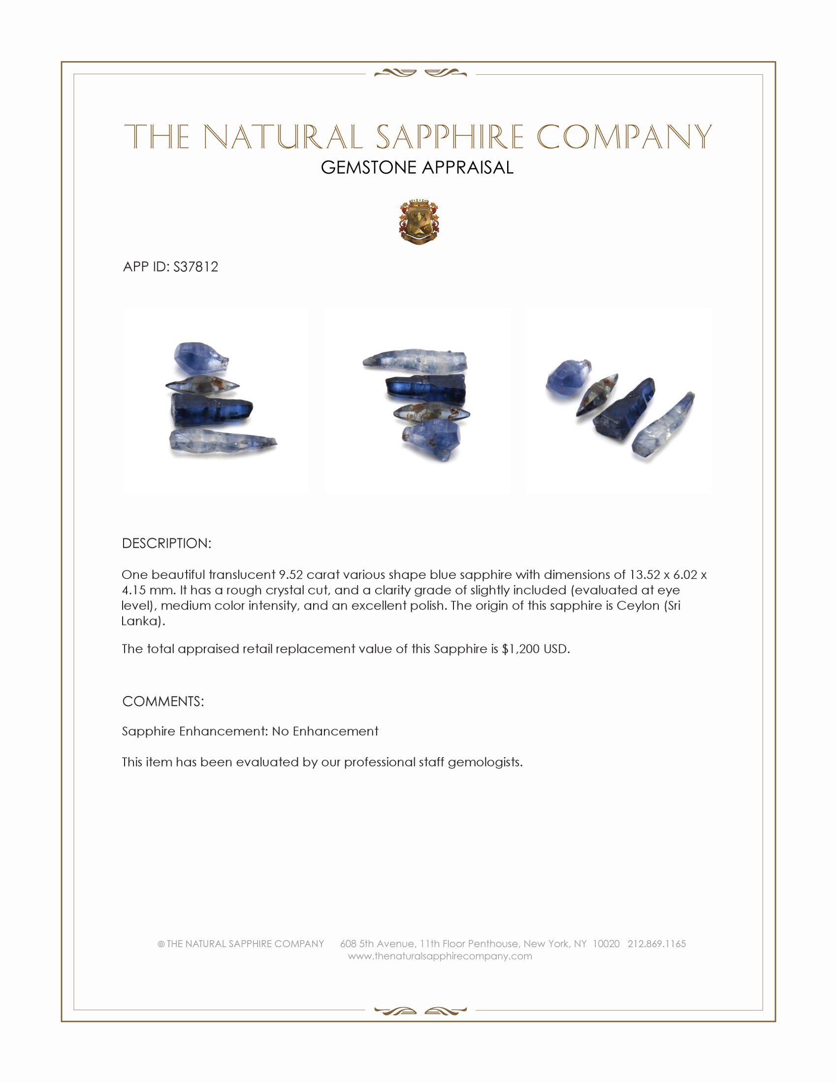 9.52 Ct. Blue Sapphire Crystal from Ceylon (Sri Lanka)