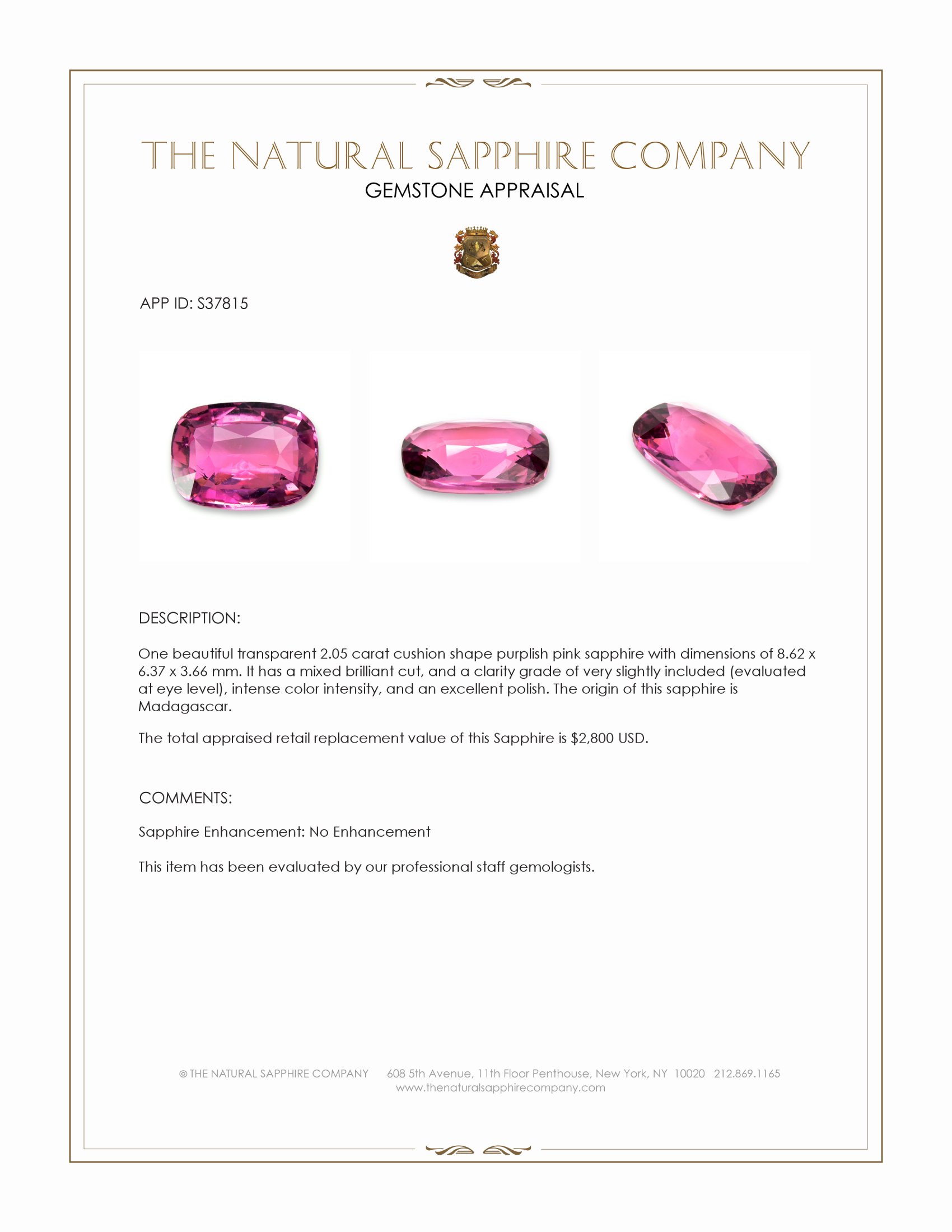 2.05 Ct. Purplish Pink Sapphire from Madagascar