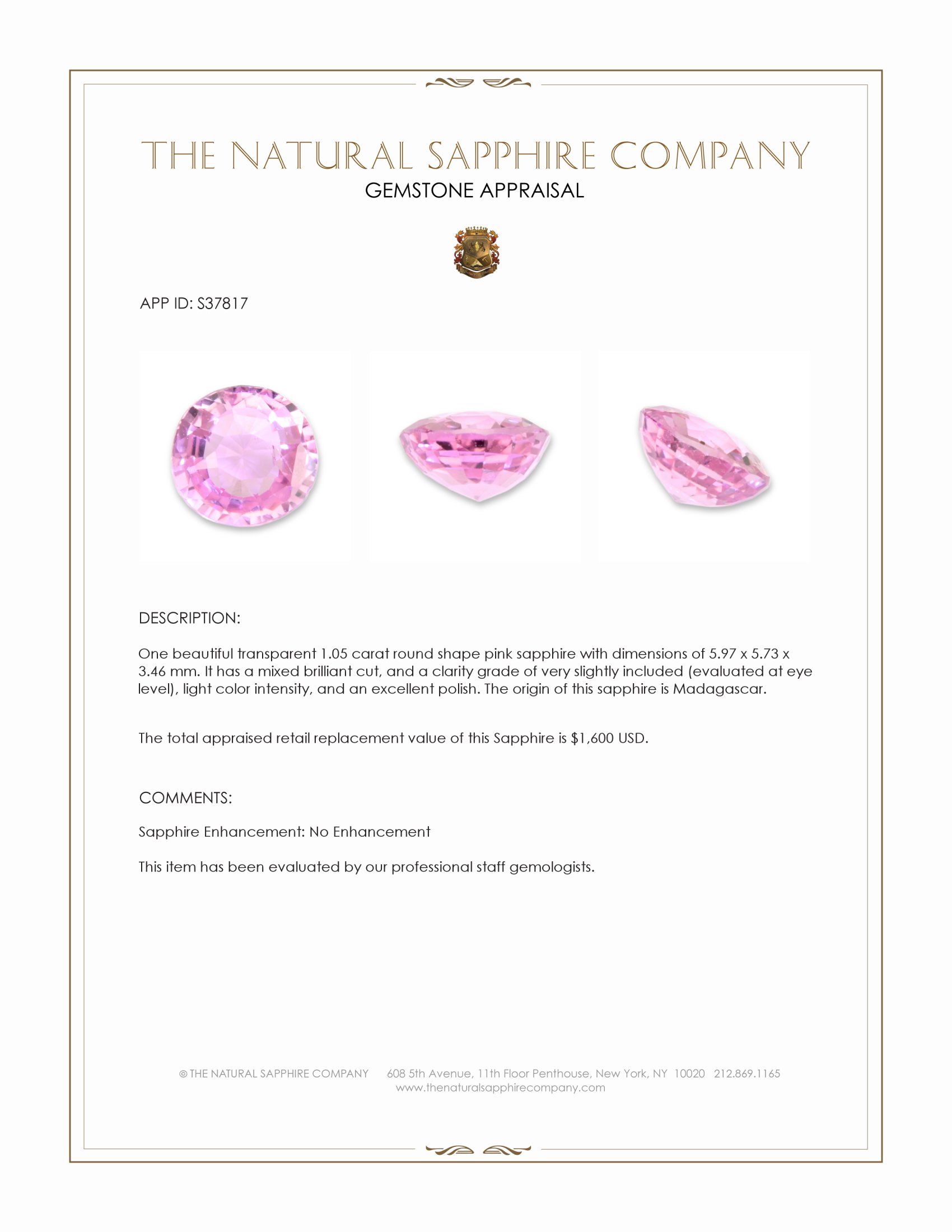 1.05 Ct. Pink Sapphire from Madagascar