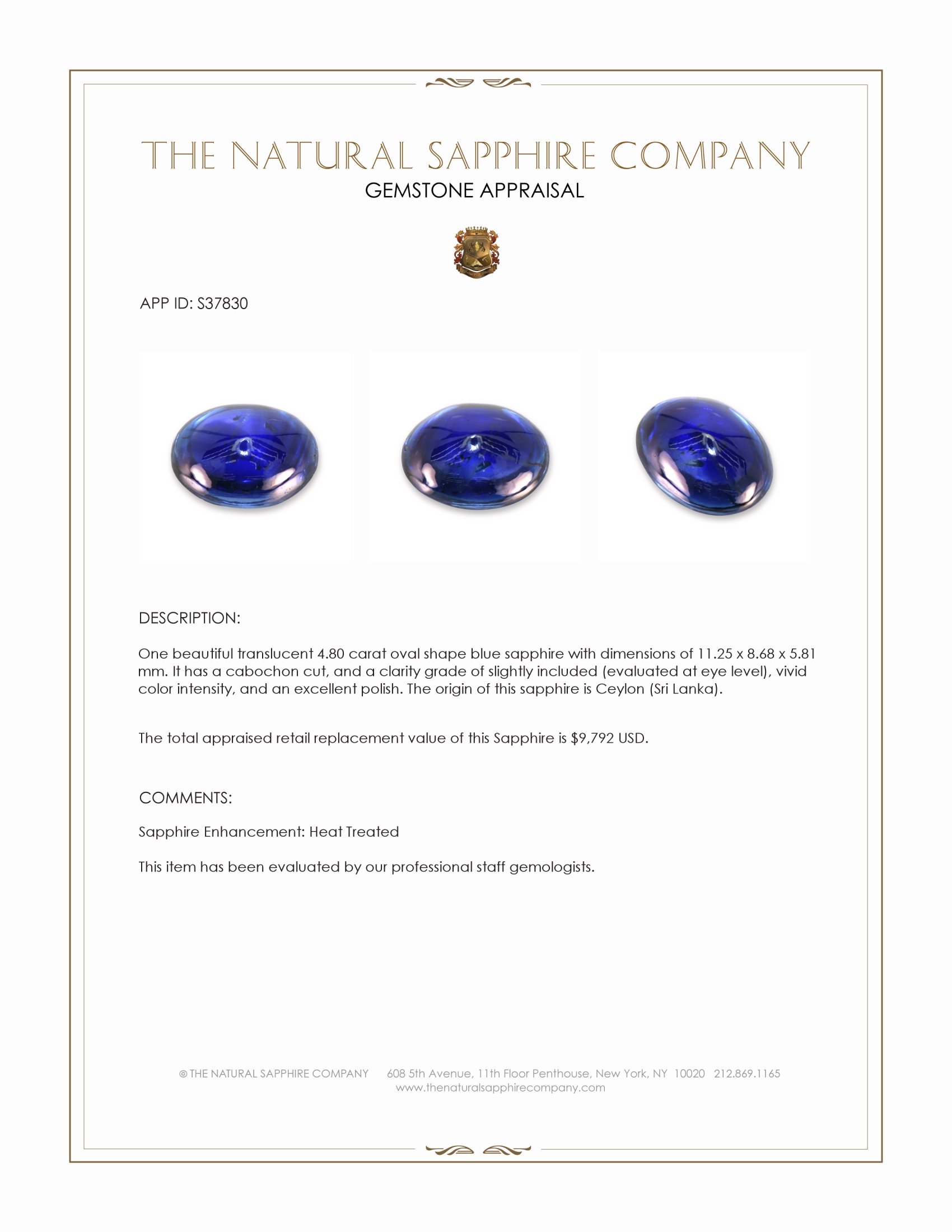 4.80 Ct. Blue Cabochon Sapphire from Ceylon (Sri Lanka)