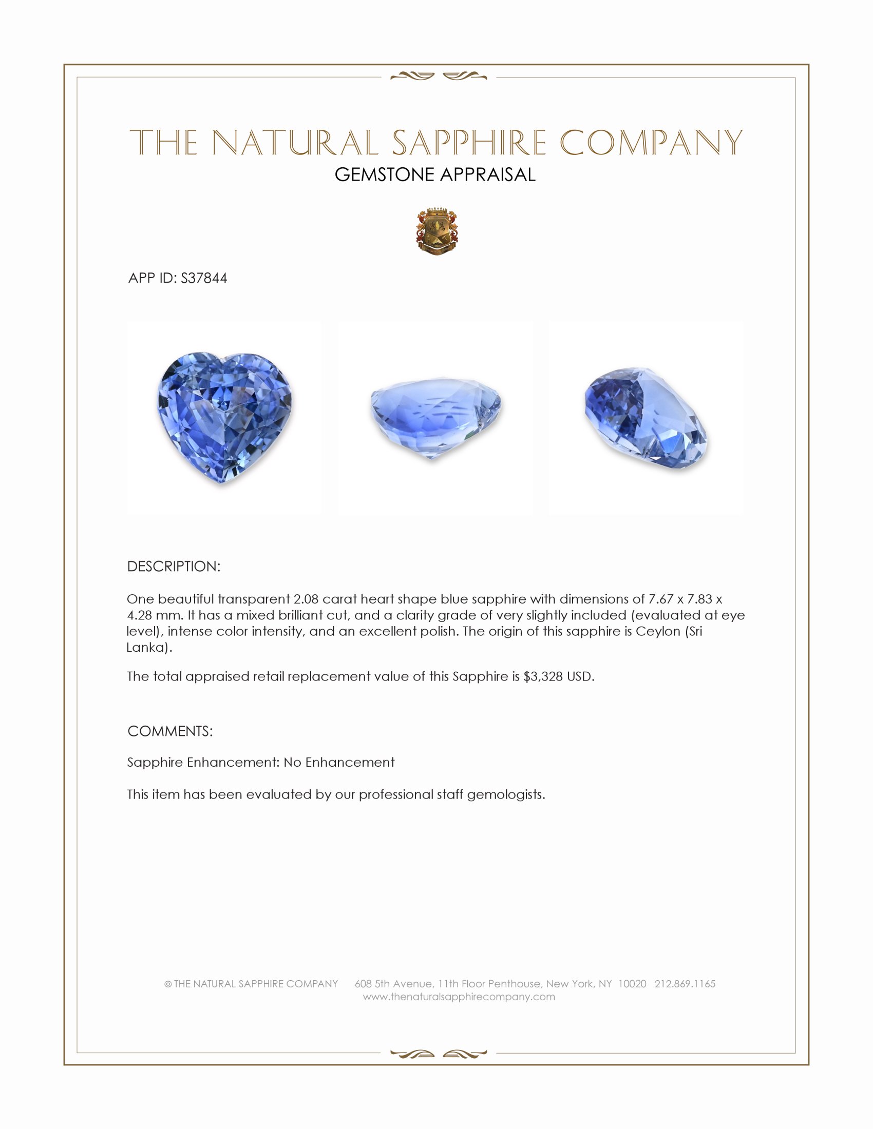 2.08 Ct. Blue Sapphire from Ceylon (Sri Lanka)
