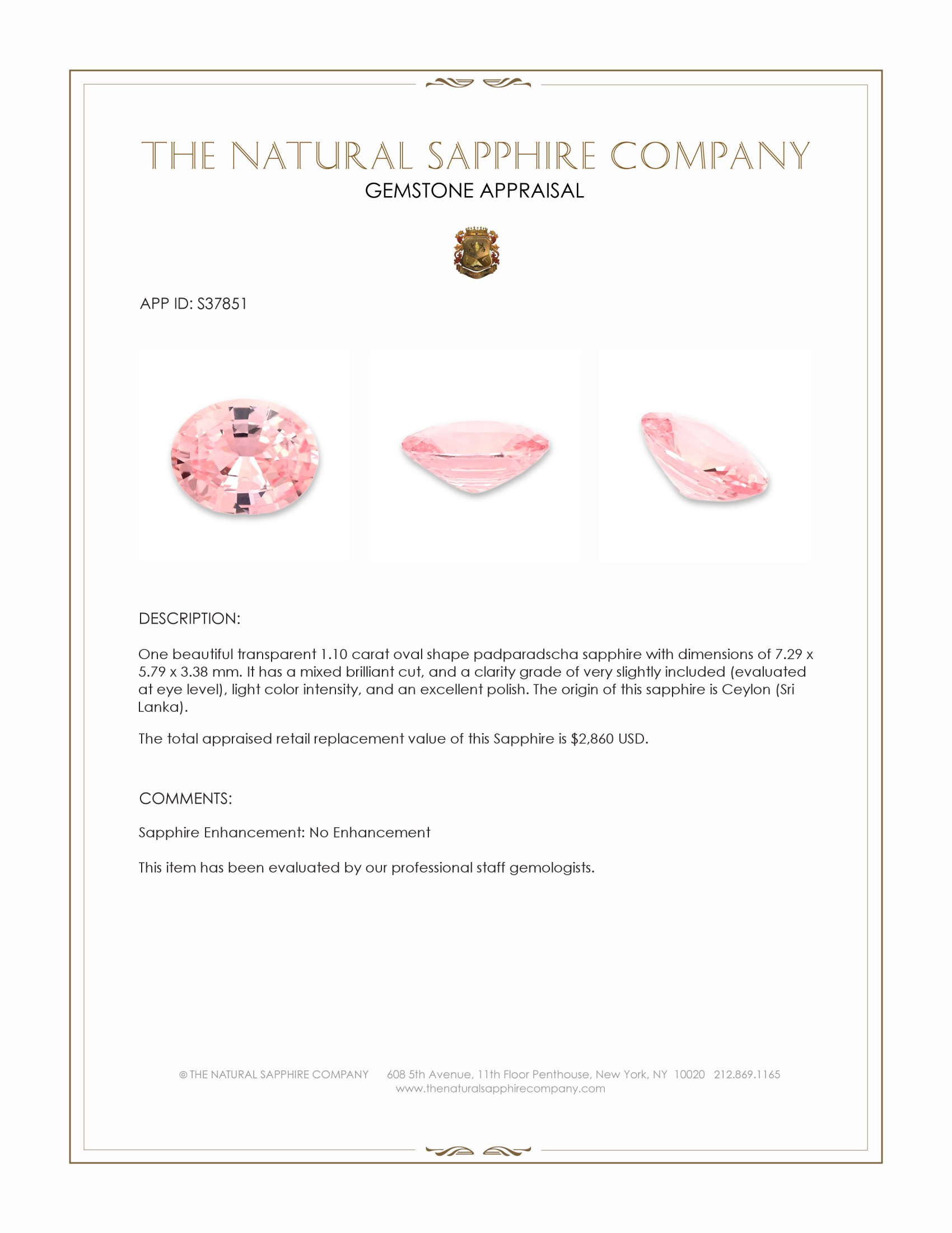 1.10 Ct. Padparadscha Sapphire from Ceylon (Sri Lanka)