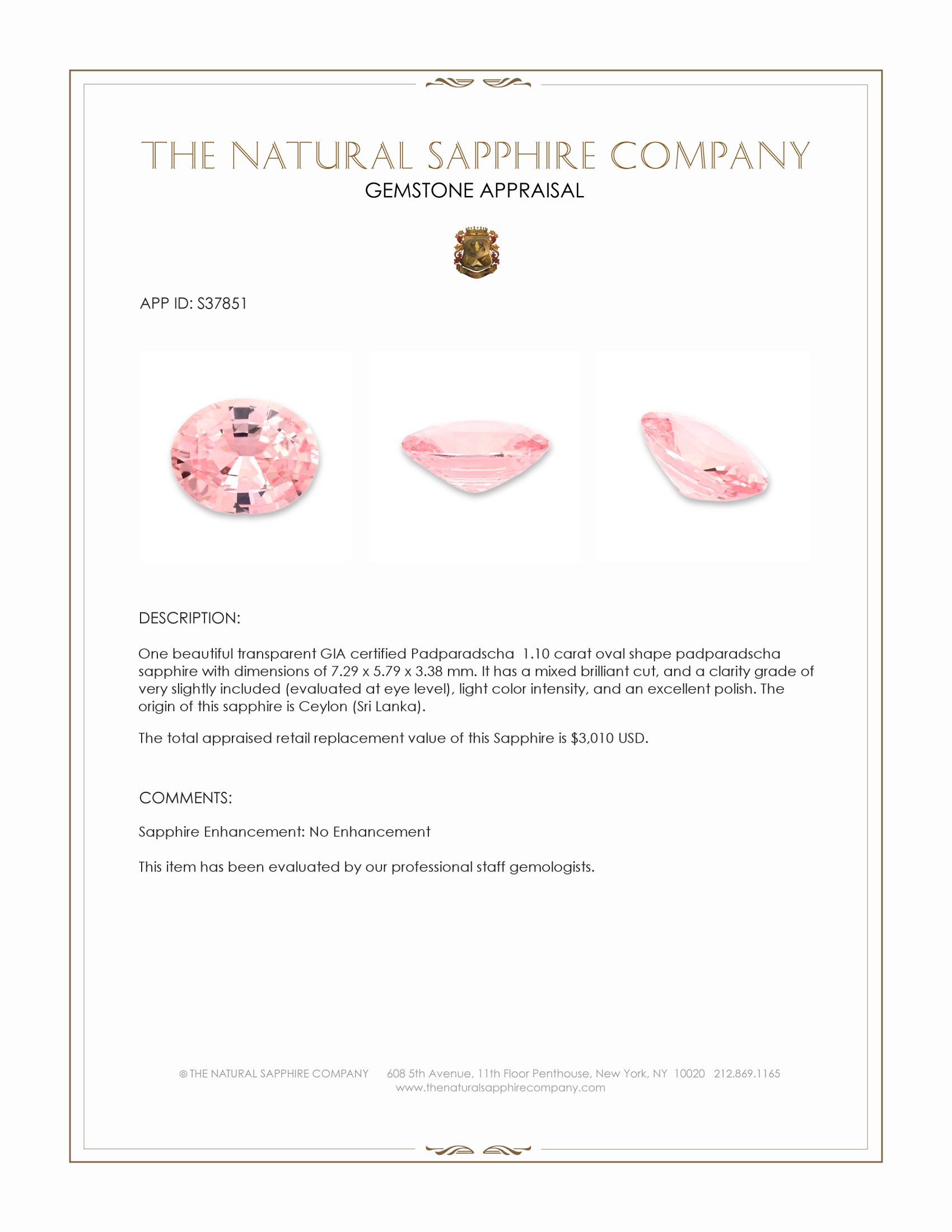 1.10 Ct. Padparadscha Sapphire from Ceylon (Sri Lanka)