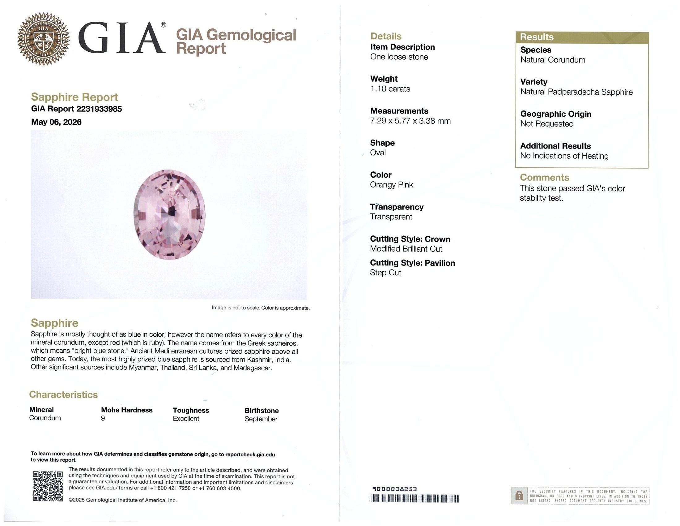 1.10 Ct. Padparadscha Sapphire from Ceylon (Sri Lanka)