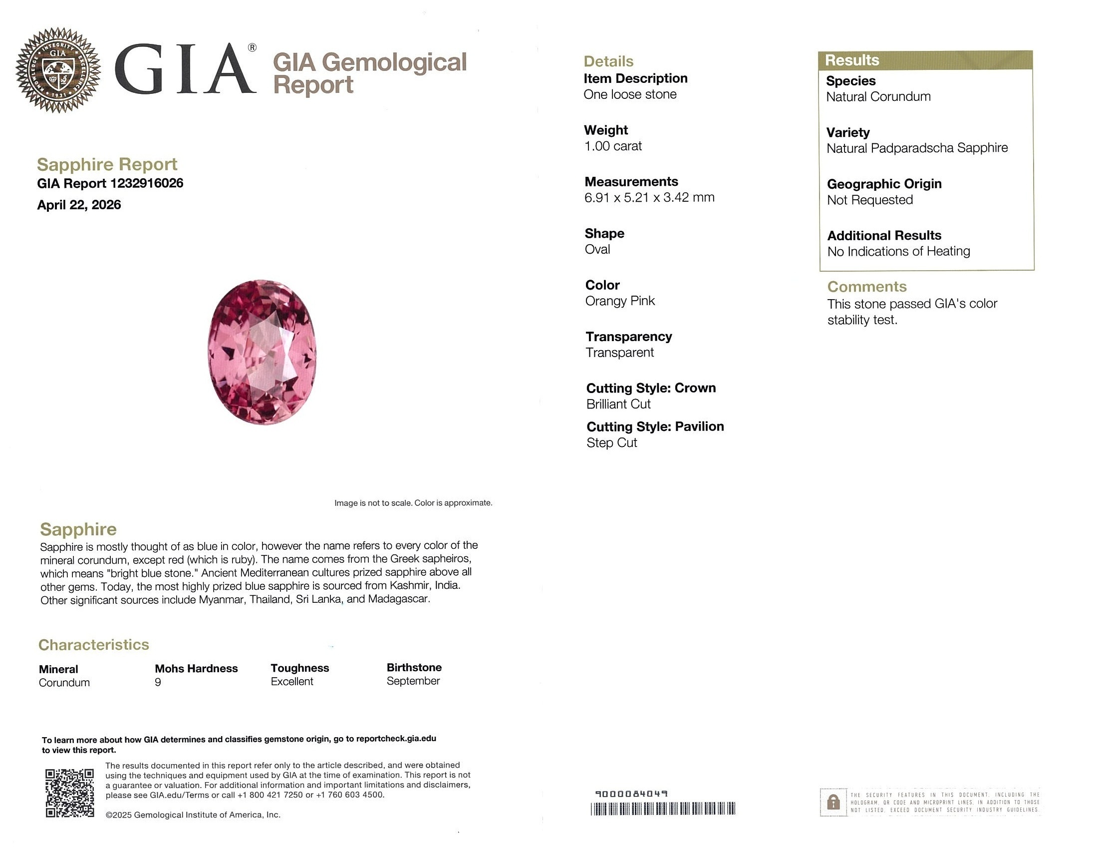 1.00 Ct. Padparadscha Sapphire from Ceylon (Sri Lanka)
