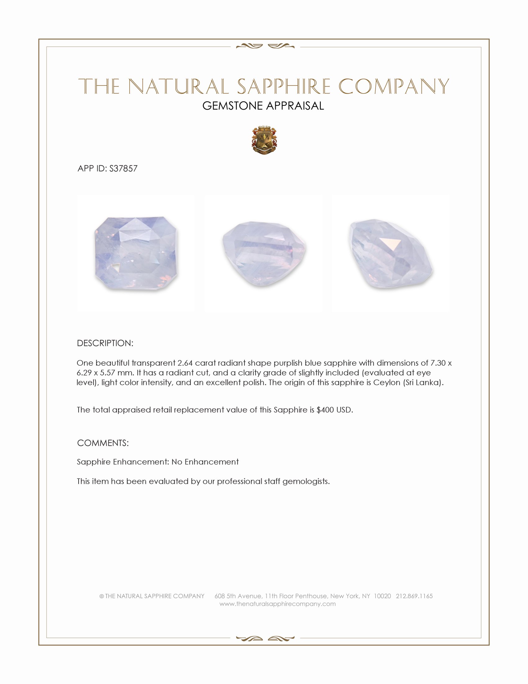 2.64 Ct. Purplish Blue Sapphire from Ceylon (Sri Lanka)