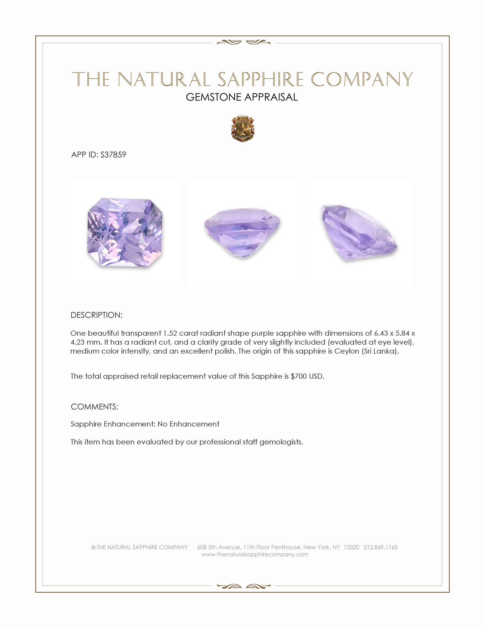 1.52 Ct. Purple Sapphire from Ceylon (Sri Lanka)