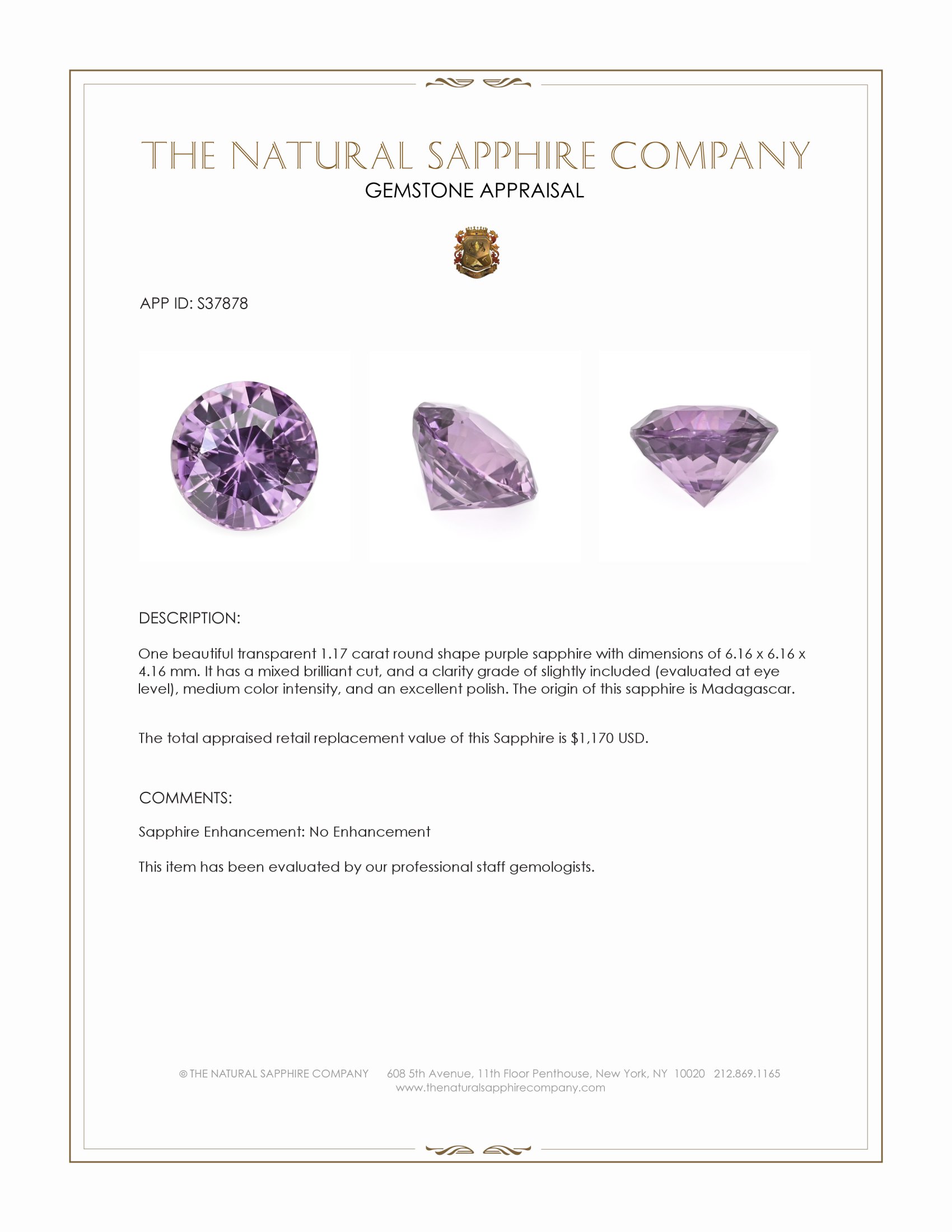 1.17 Ct. Purple Sapphire from Madagascar