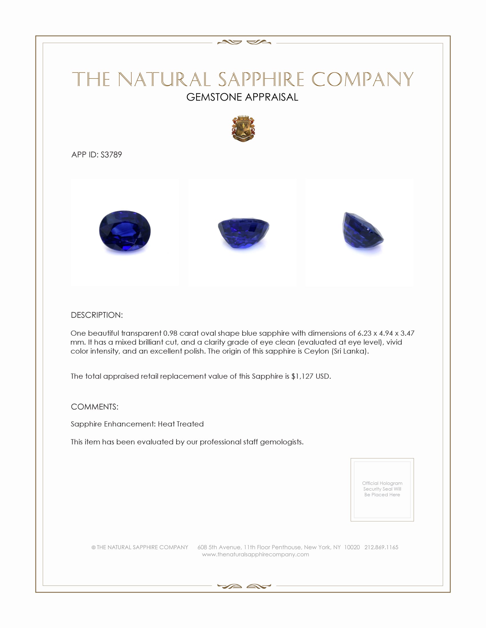 0.98 Ct. Blue Sapphire from Ceylon (Sri Lanka)