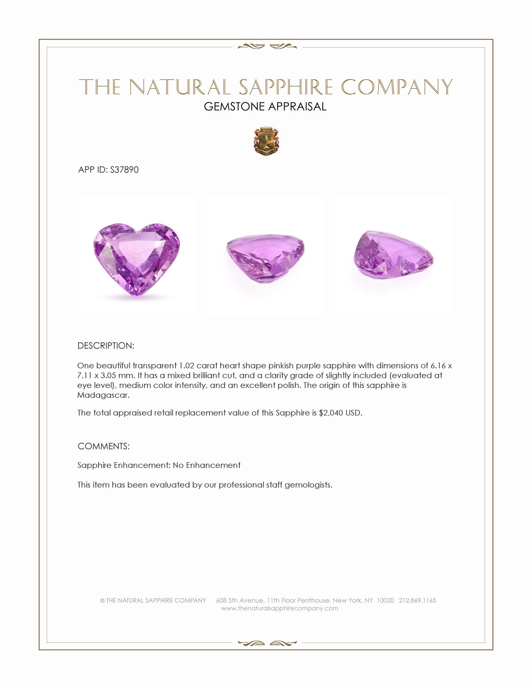 1.02 Ct. Pinkish Purple Sapphire from Madagascar