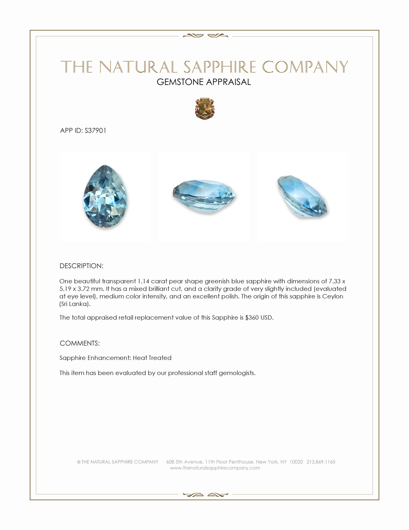 1.14 Ct. Greenish Blue Sapphire from Ceylon (Sri Lanka)