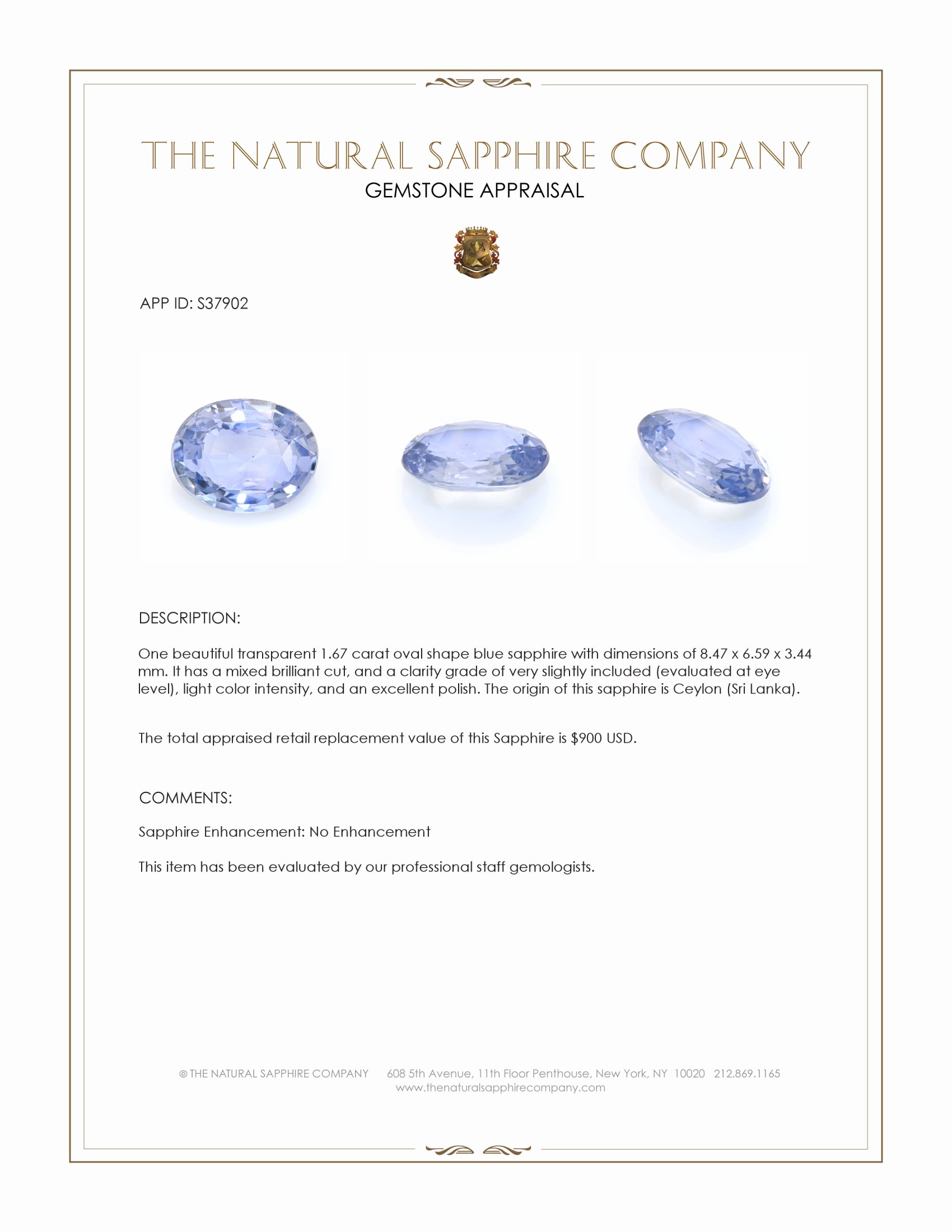 1.67 Ct. Blue Sapphire from Ceylon (Sri Lanka)