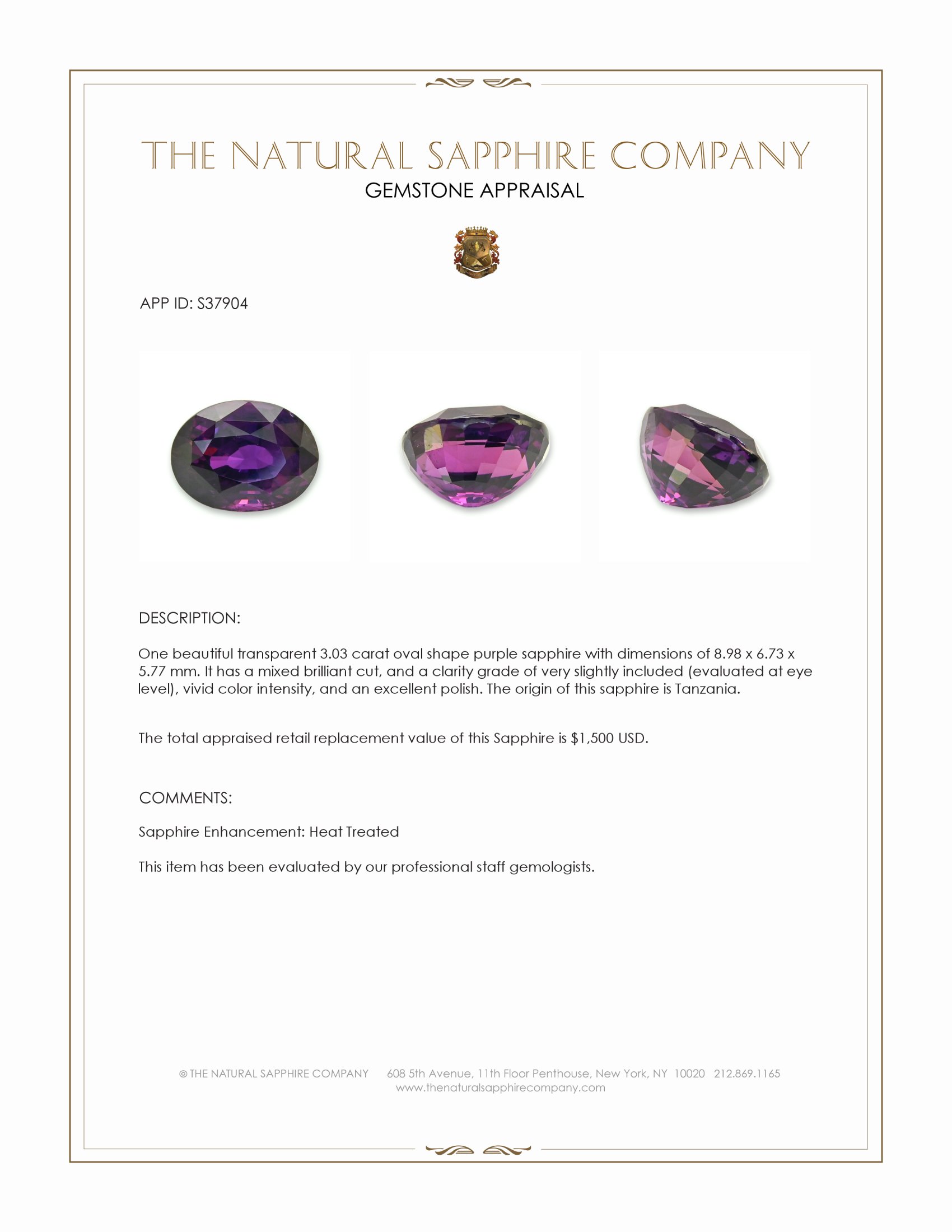 3.03 Ct. Purple Sapphire from Tanzania