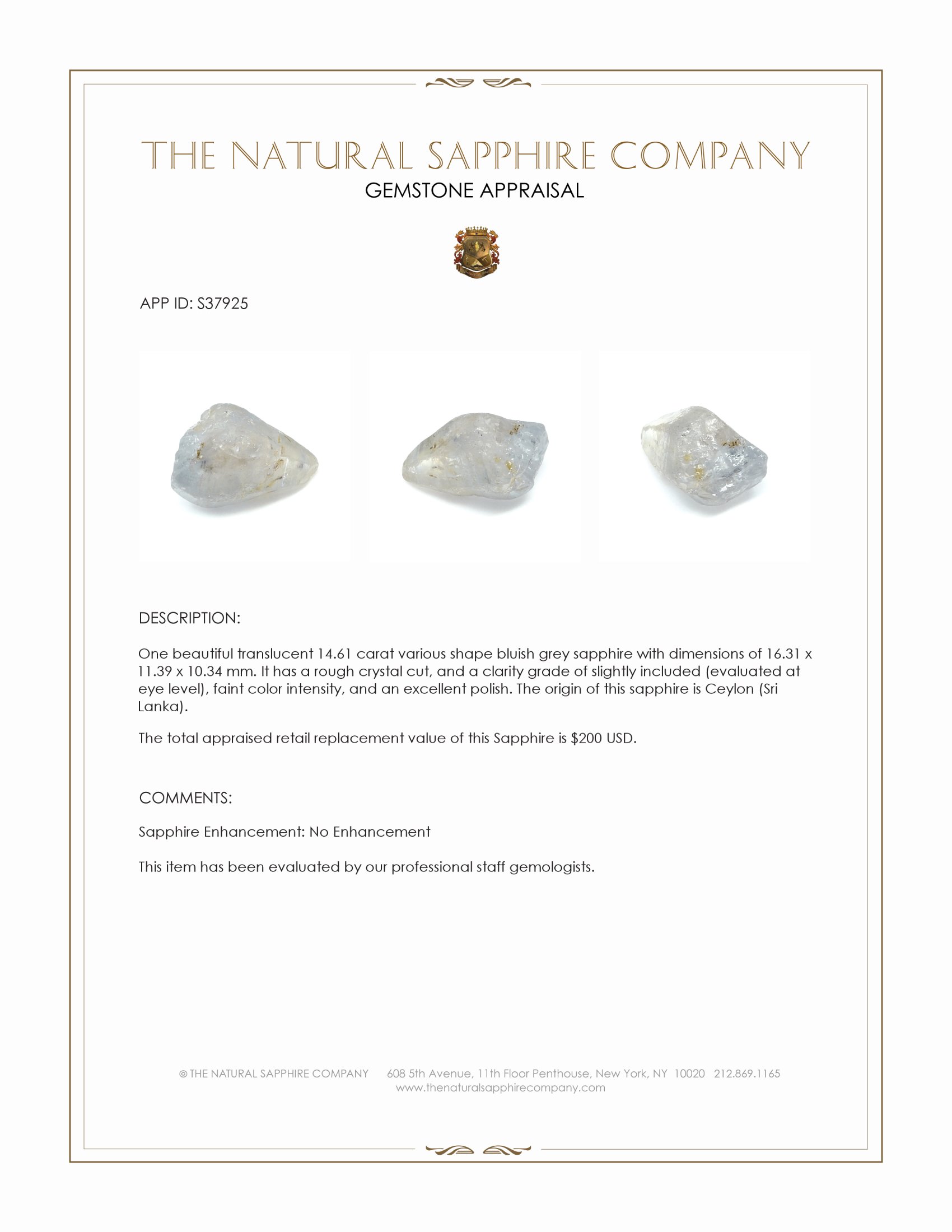 14.61 Ct. Bluish Grey Sapphire Crystal from Ceylon (Sri Lanka)