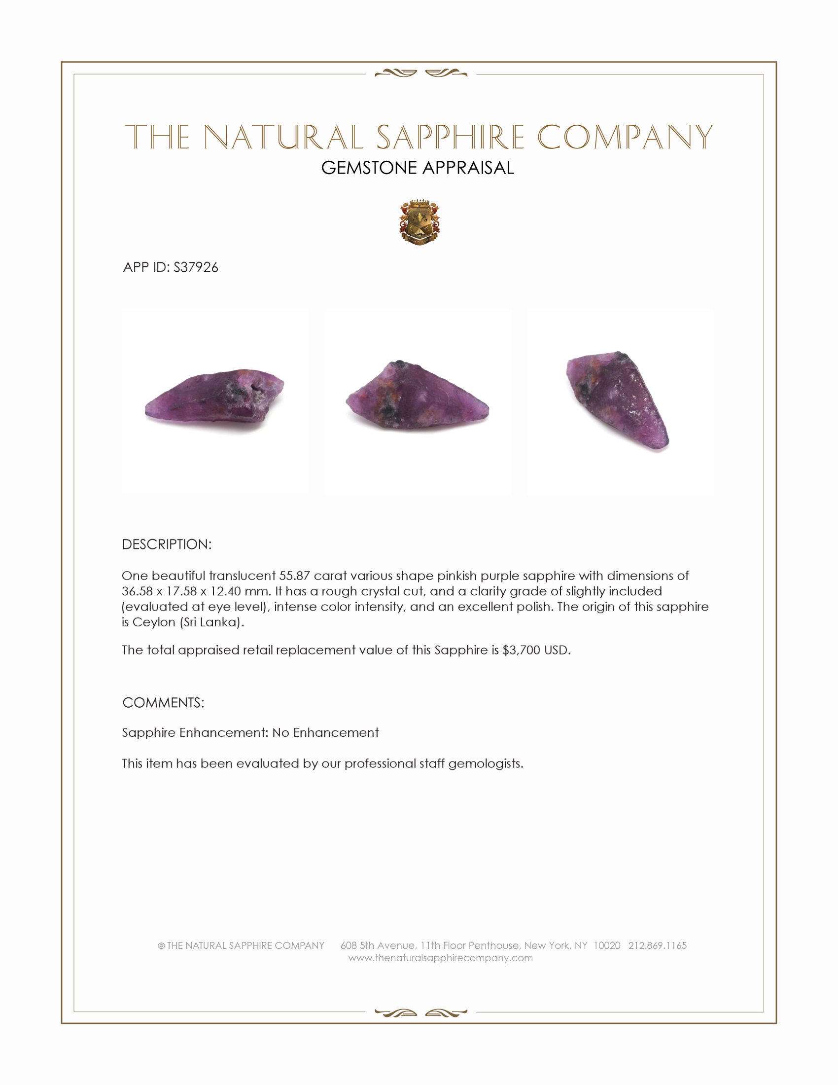 55.87 Ct. Pinkish Purple Sapphire Crystal from Ceylon (Sri Lanka)