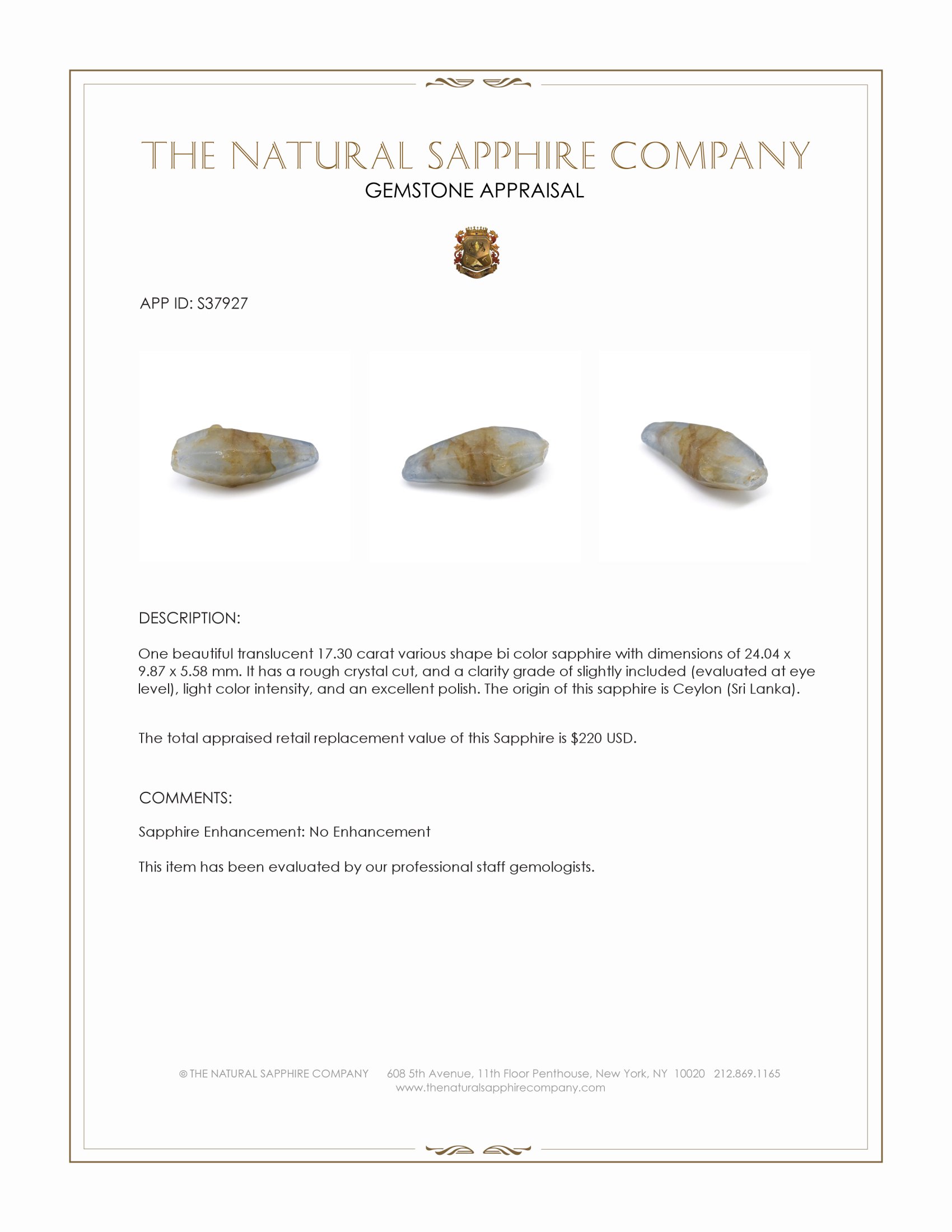 17.30 Ct. Bi Color Sapphire Crystal from Ceylon (Sri Lanka)