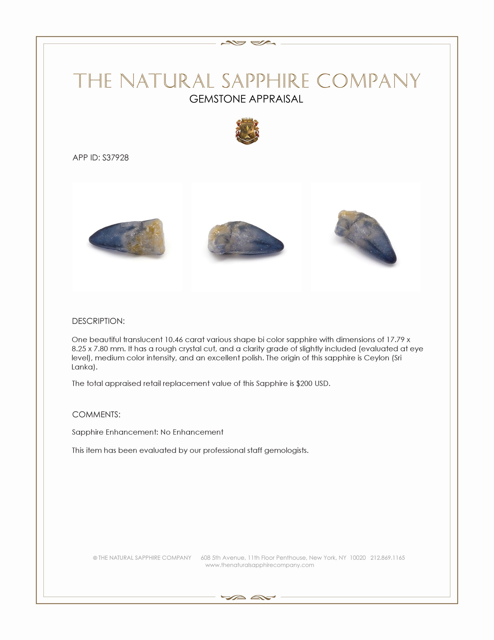 10.46 Ct. Bi Color Sapphire Crystal from Ceylon (Sri Lanka)