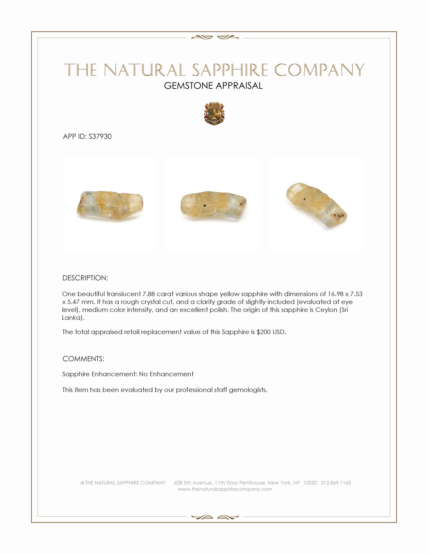 7.88 Ct. Yellow Sapphire Crystal from Ceylon (Sri Lanka)