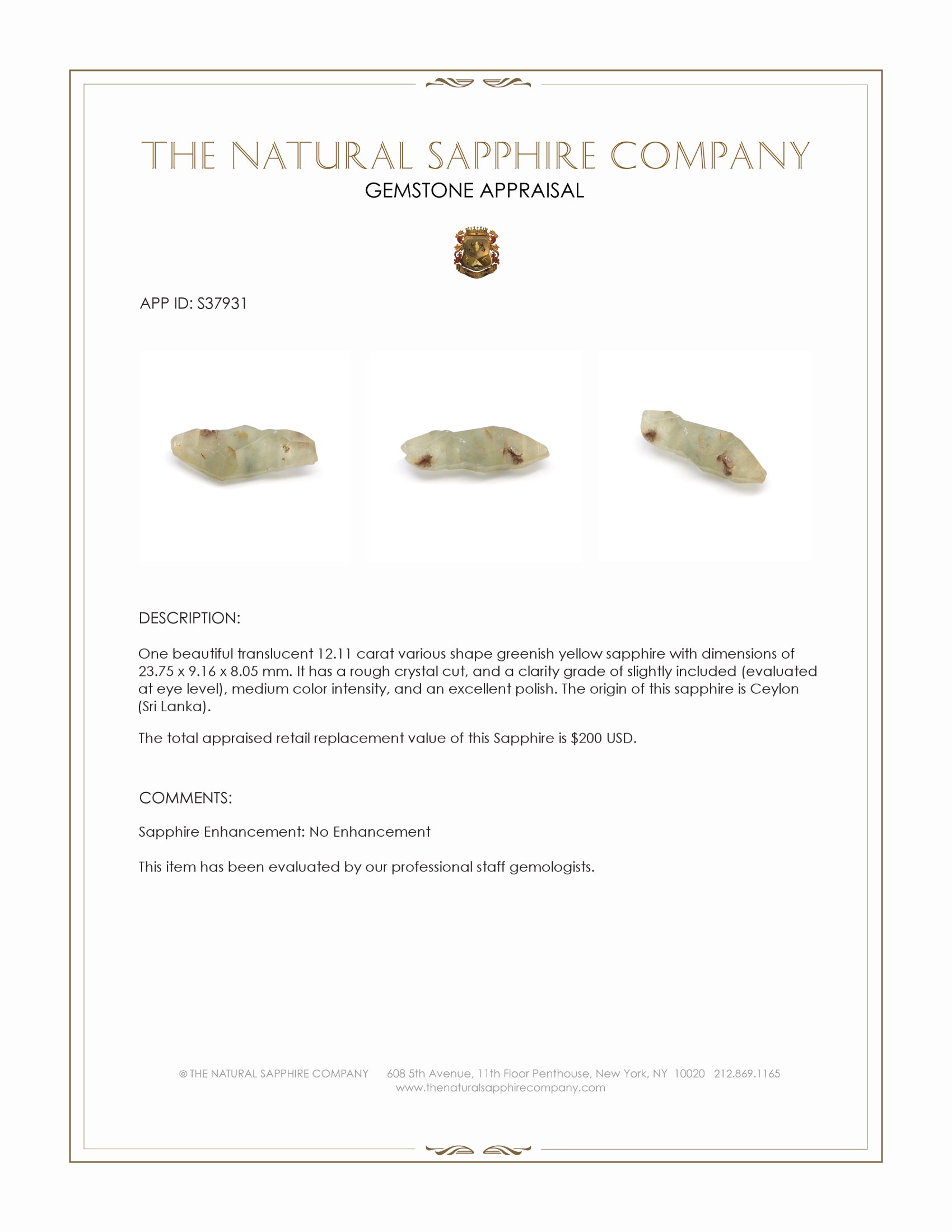 12.11 Ct. Greenish Yellow Sapphire Crystal from Ceylon (Sri Lanka)