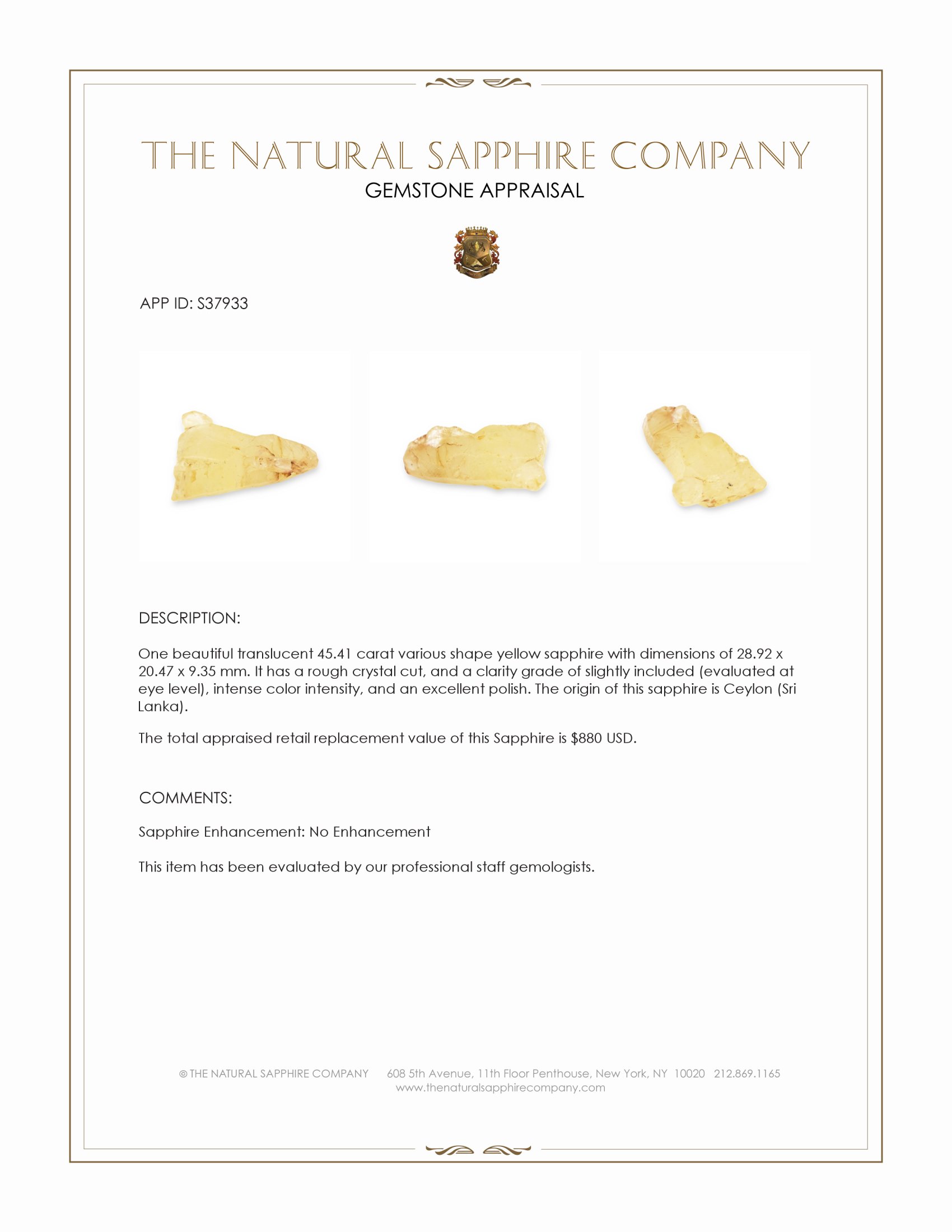 45.41 Ct. Yellow Sapphire Crystal from Ceylon (Sri Lanka)