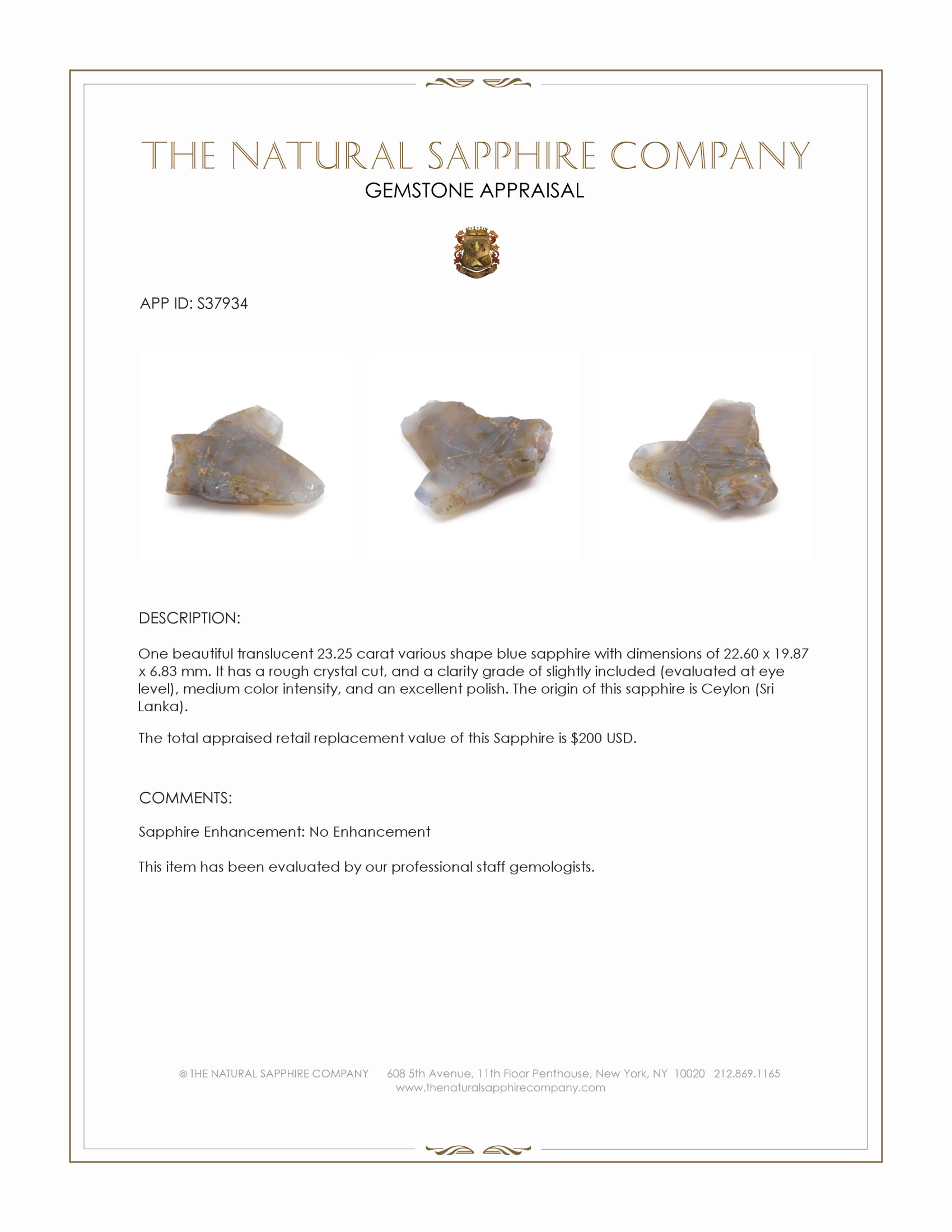 23.25 Ct. Blue Sapphire Crystal from Ceylon (Sri Lanka)