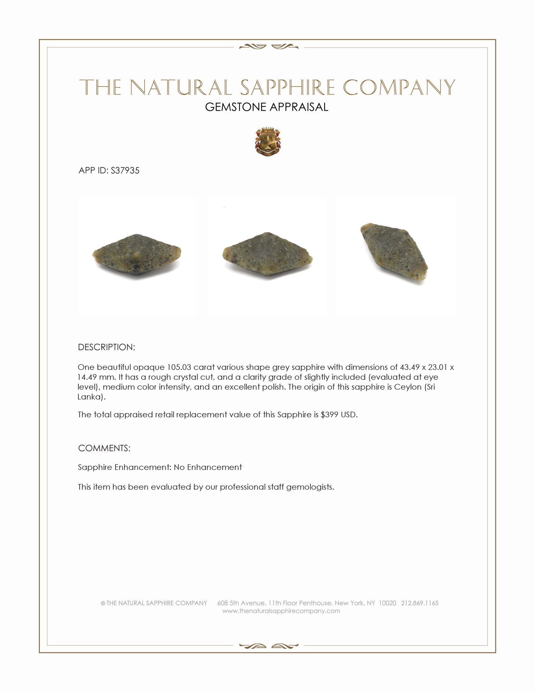 105.03 Ct. Grey Sapphire Crystal from Ceylon (Sri Lanka)