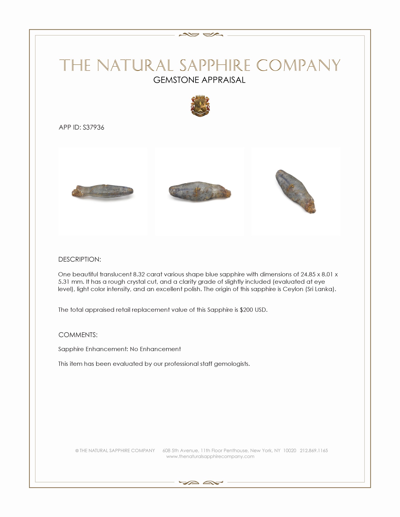 8.32 Ct. Blue Sapphire Crystal from Ceylon (Sri Lanka)