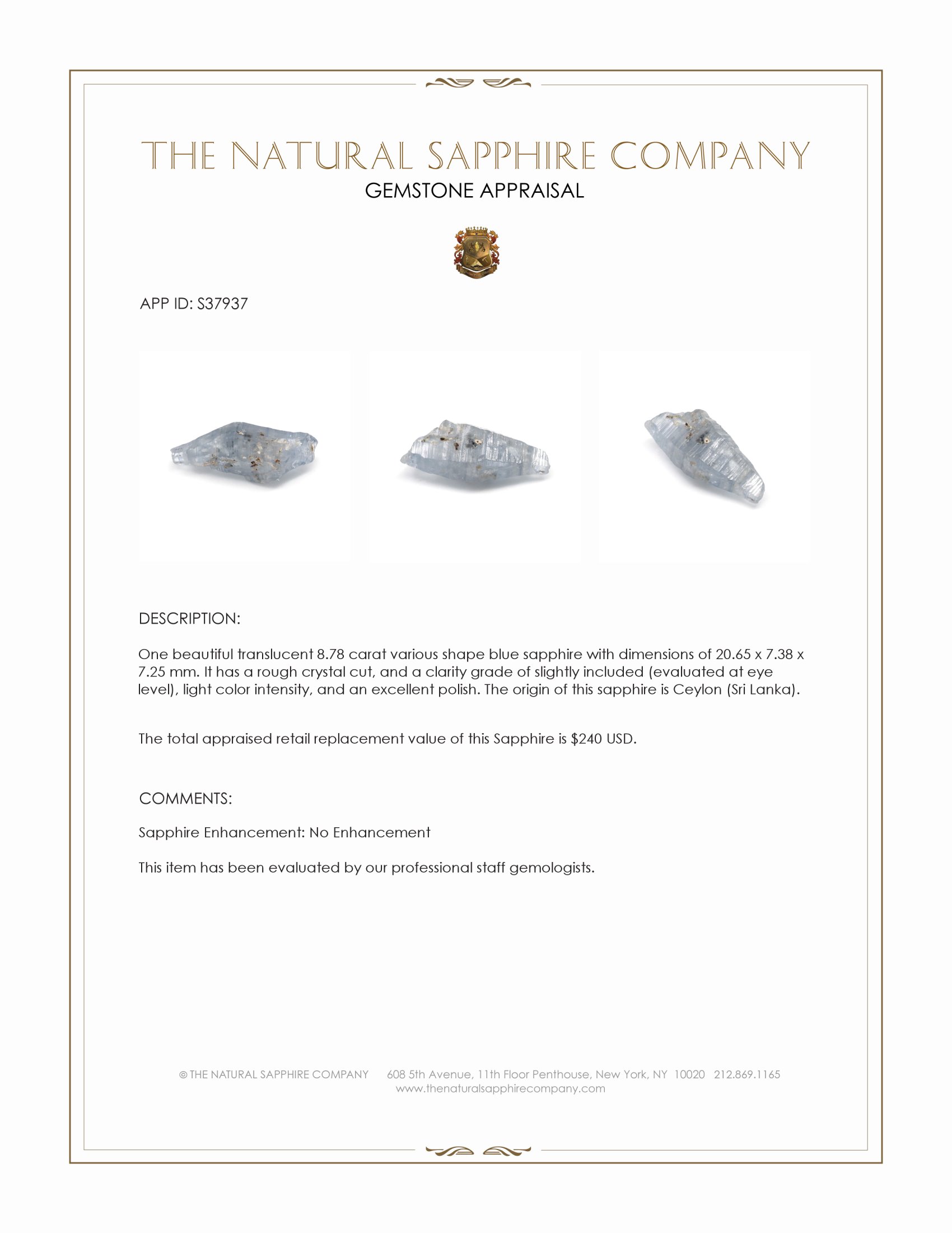 8.78 Ct. Blue Sapphire Crystal from Ceylon (Sri Lanka)