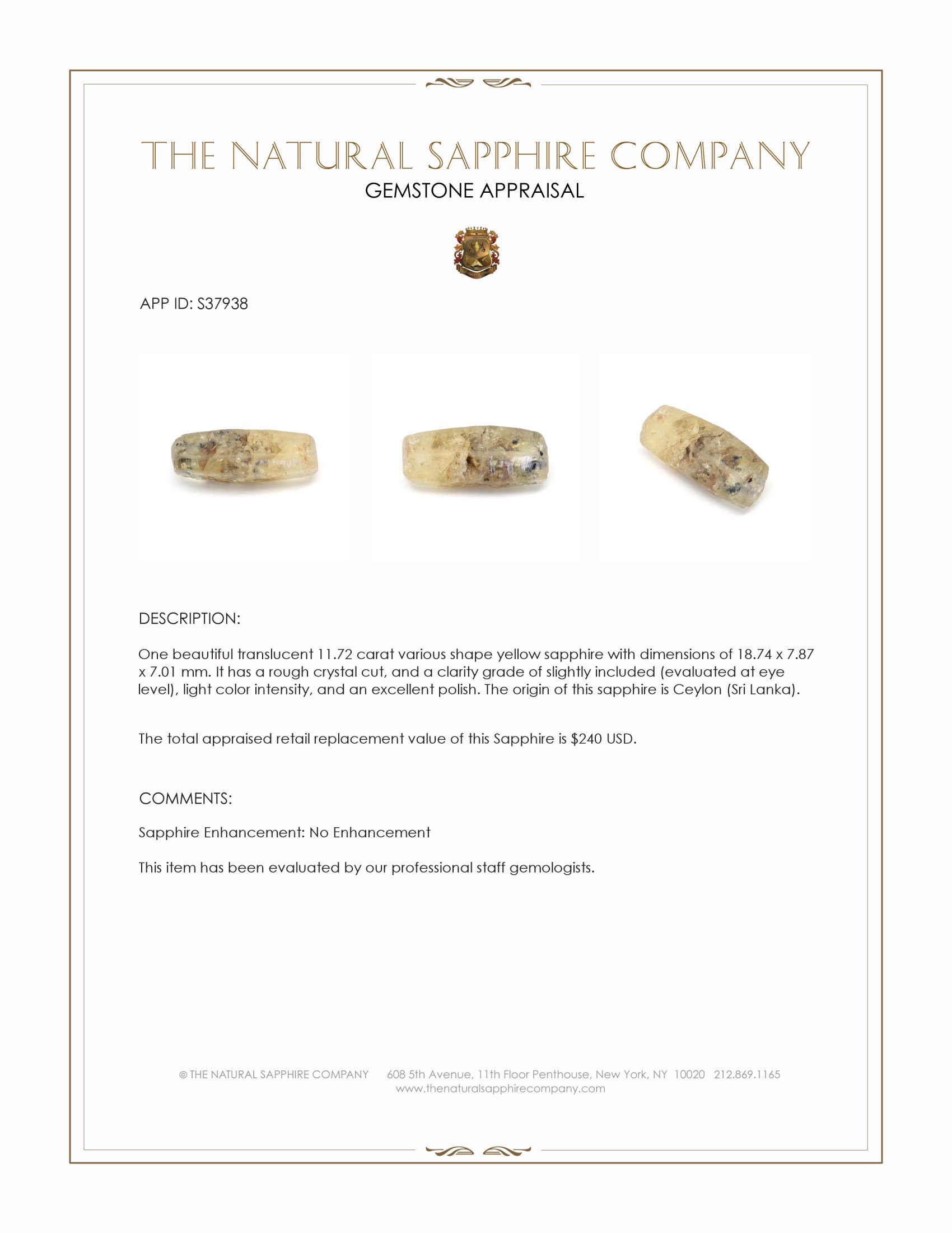 11.72 Ct. Yellow Sapphire Crystal from Ceylon (Sri Lanka)