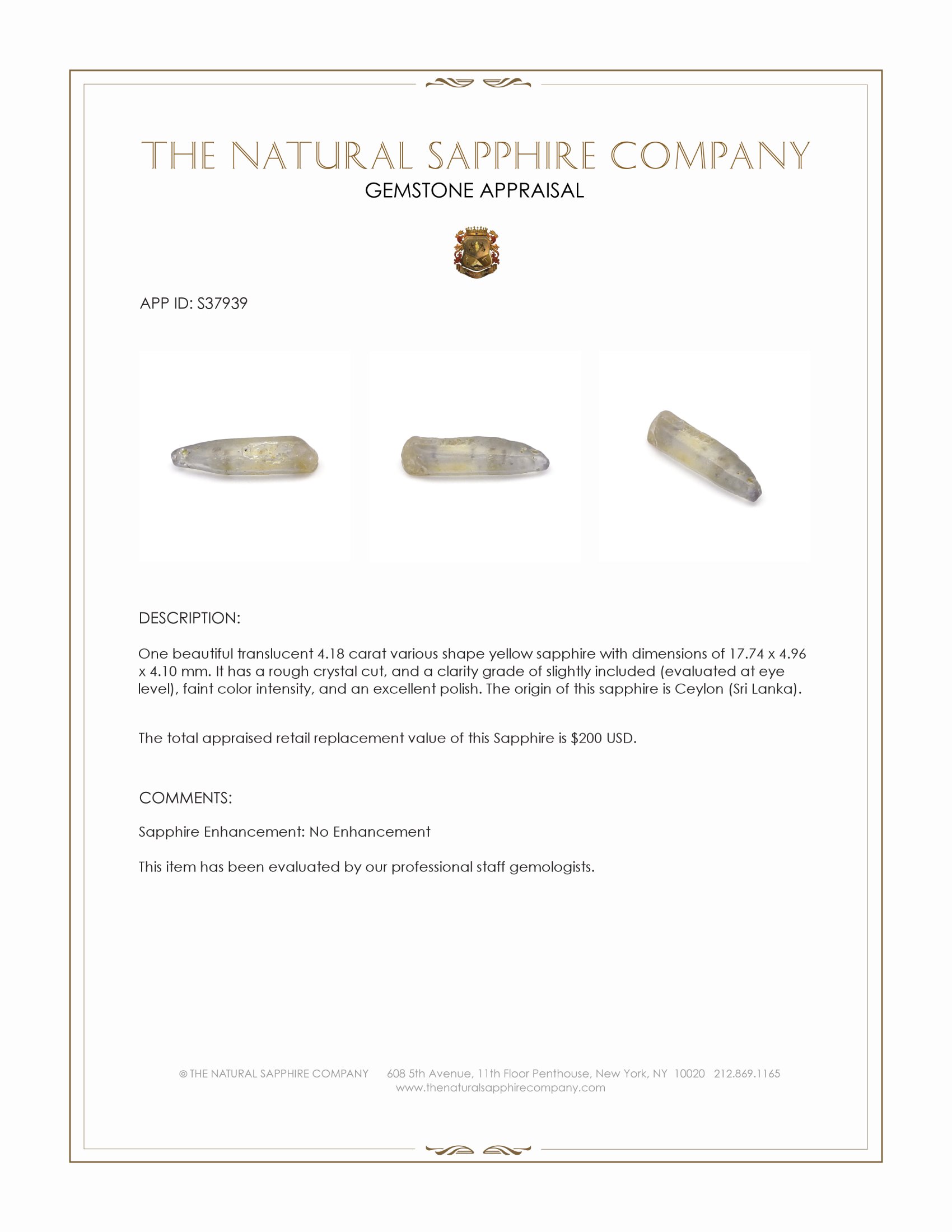 4.18 Ct. Yellow Sapphire Crystal from Ceylon (Sri Lanka)