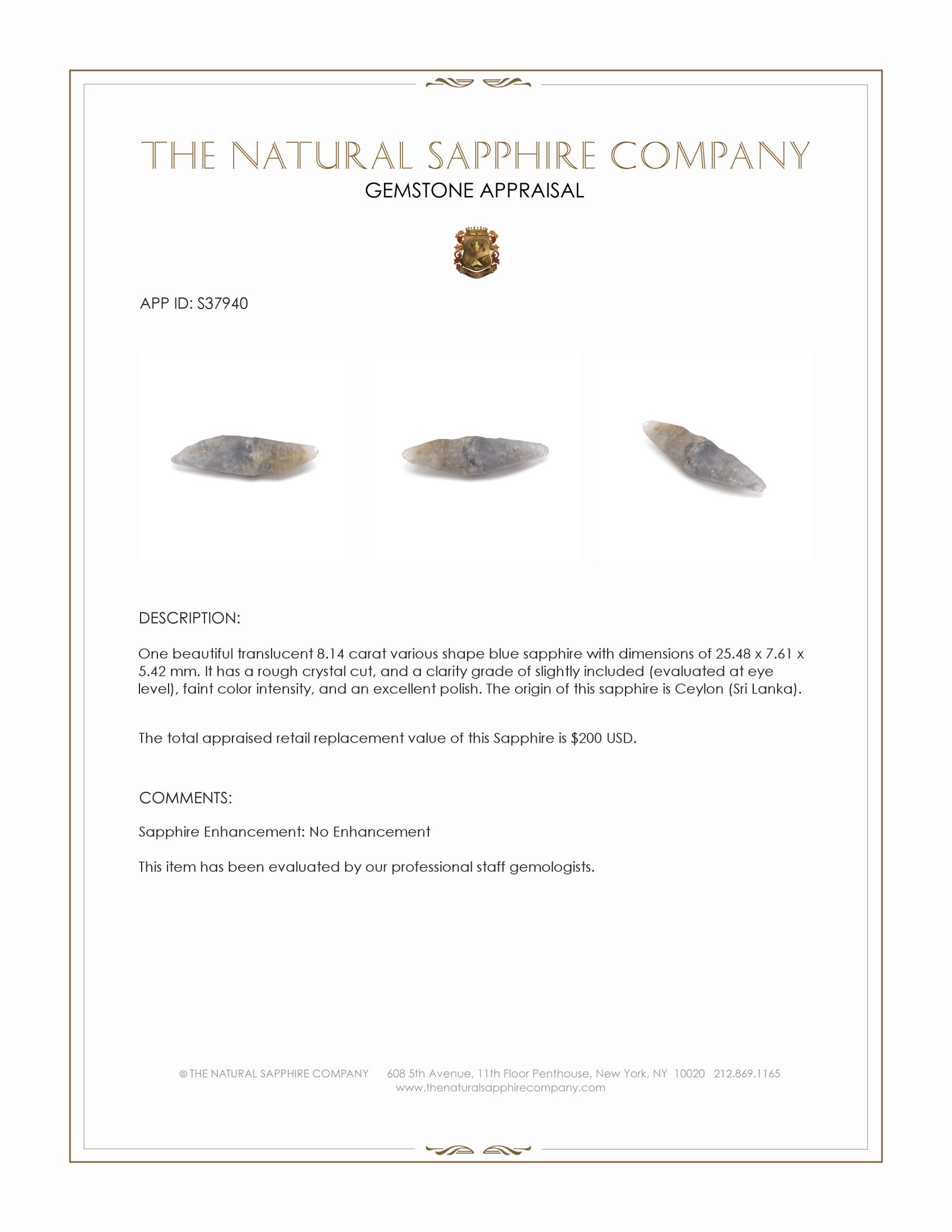 8.14 Ct. Blue Sapphire Crystal from Ceylon (Sri Lanka)