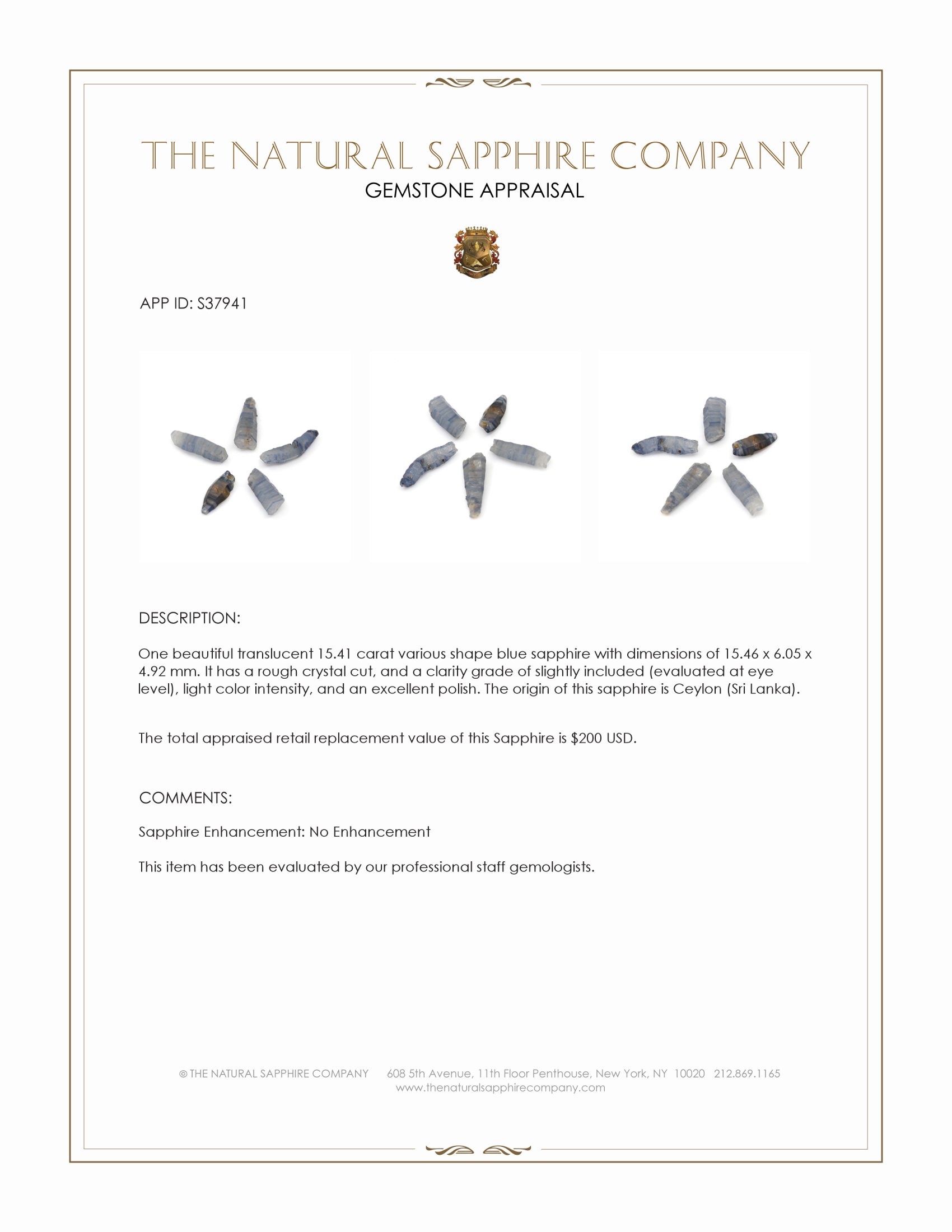 15.41 Ct. Blue Sapphire Crystal from Ceylon (Sri Lanka)