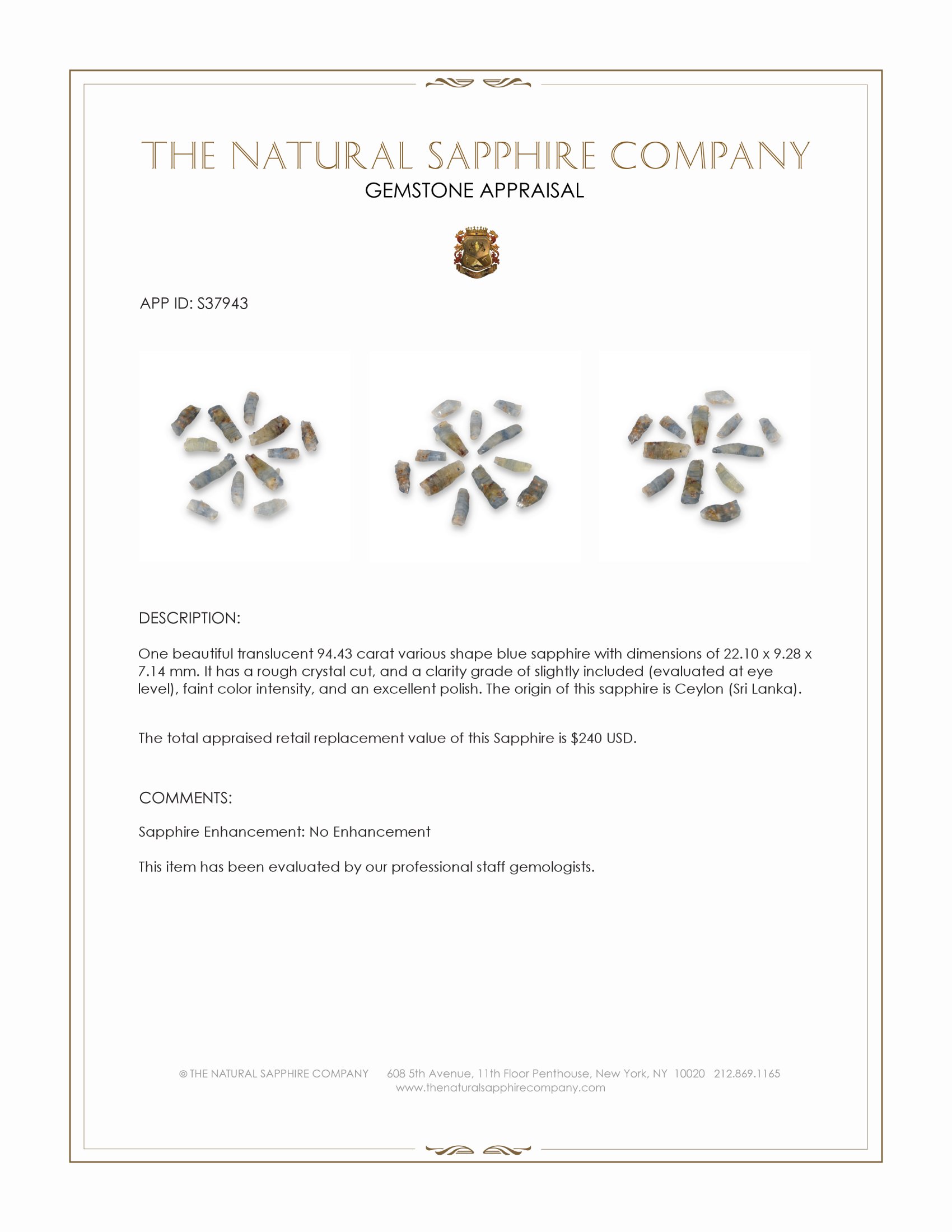 94.43 Ct. Blue Sapphire Crystal from Ceylon (Sri Lanka)