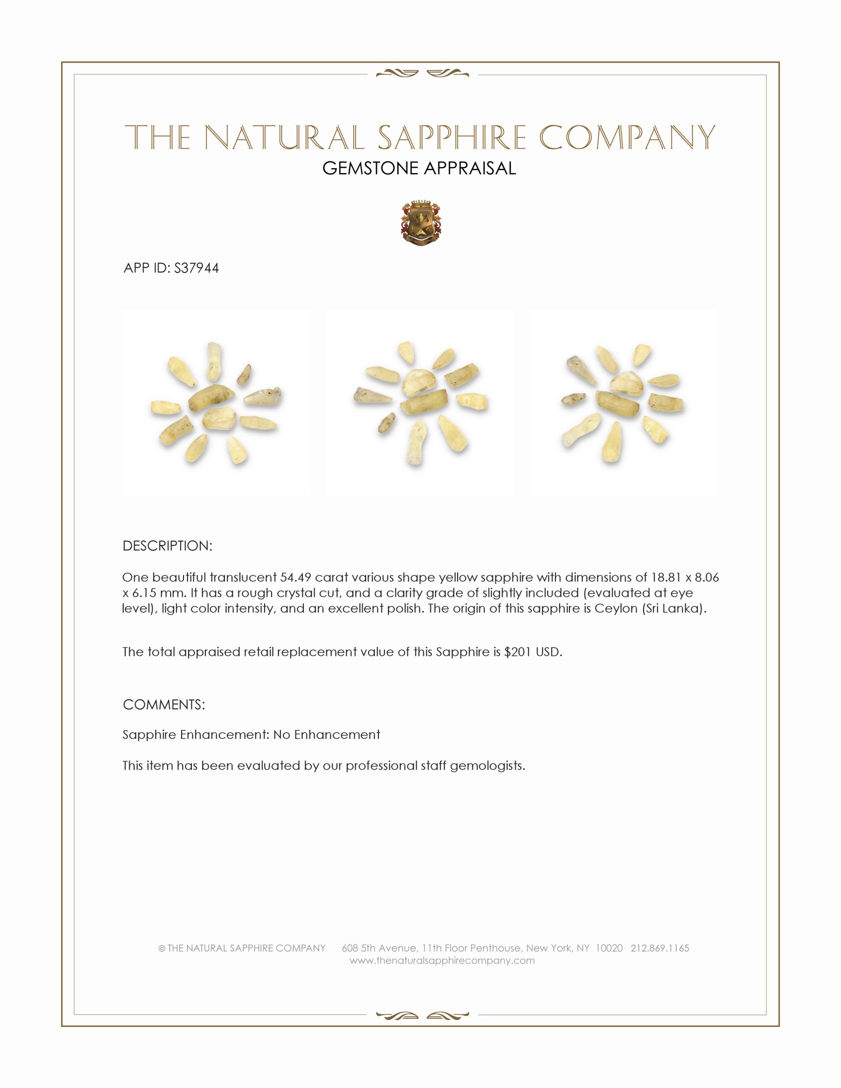 54.49 Ct. Yellow Sapphire Crystal from Ceylon (Sri Lanka)