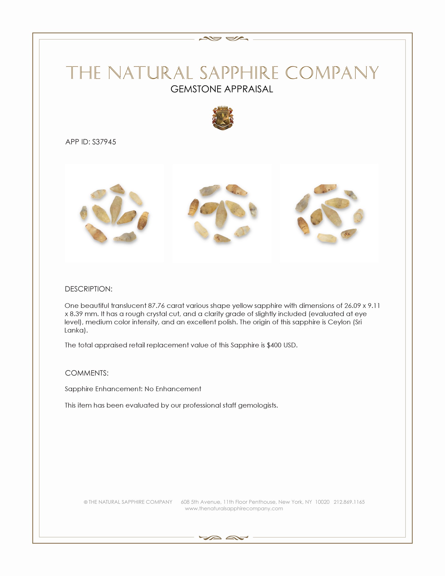 87.76 Ct. Yellow Sapphire Crystal from Ceylon (Sri Lanka)