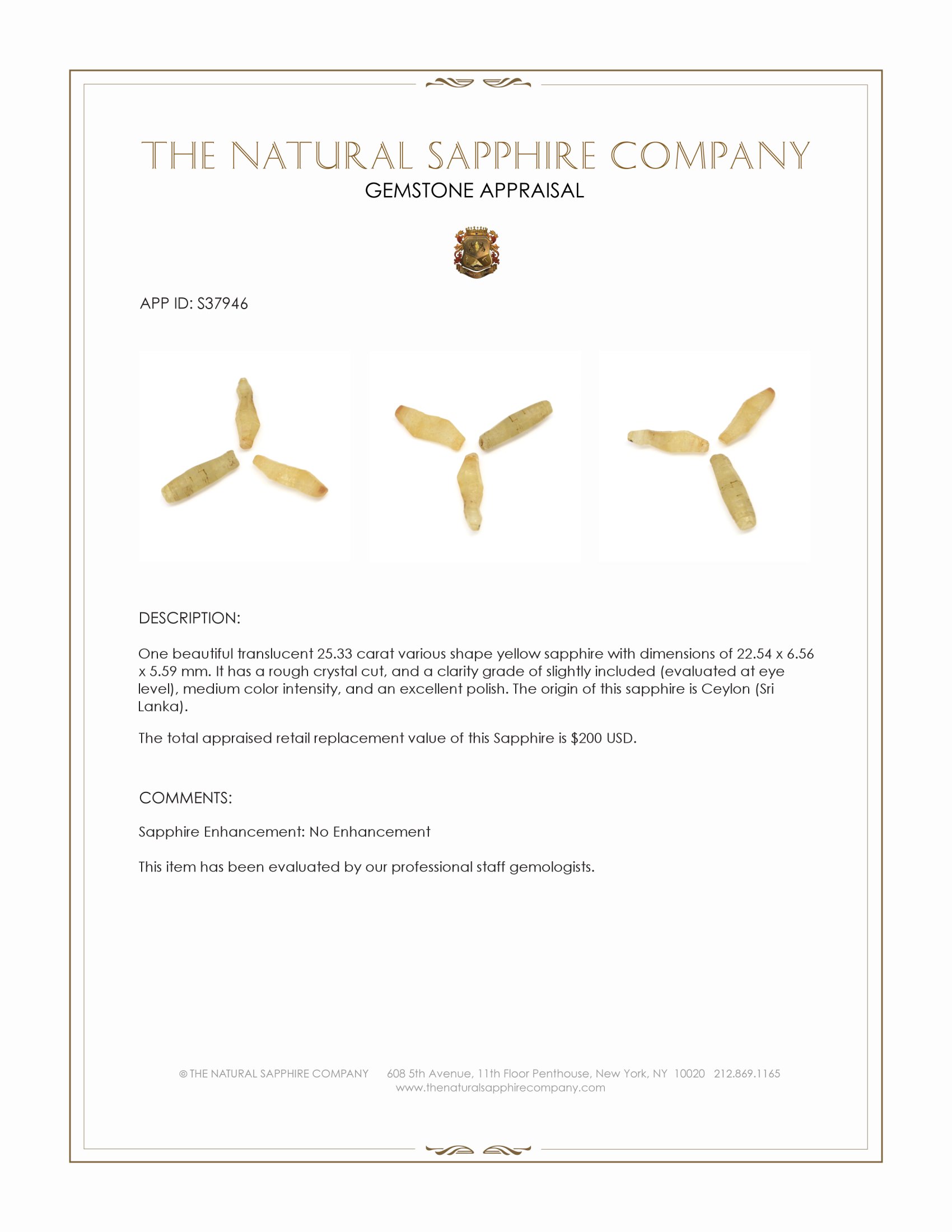 25.33 Ct. Yellow Sapphire Crystal from Ceylon (Sri Lanka)