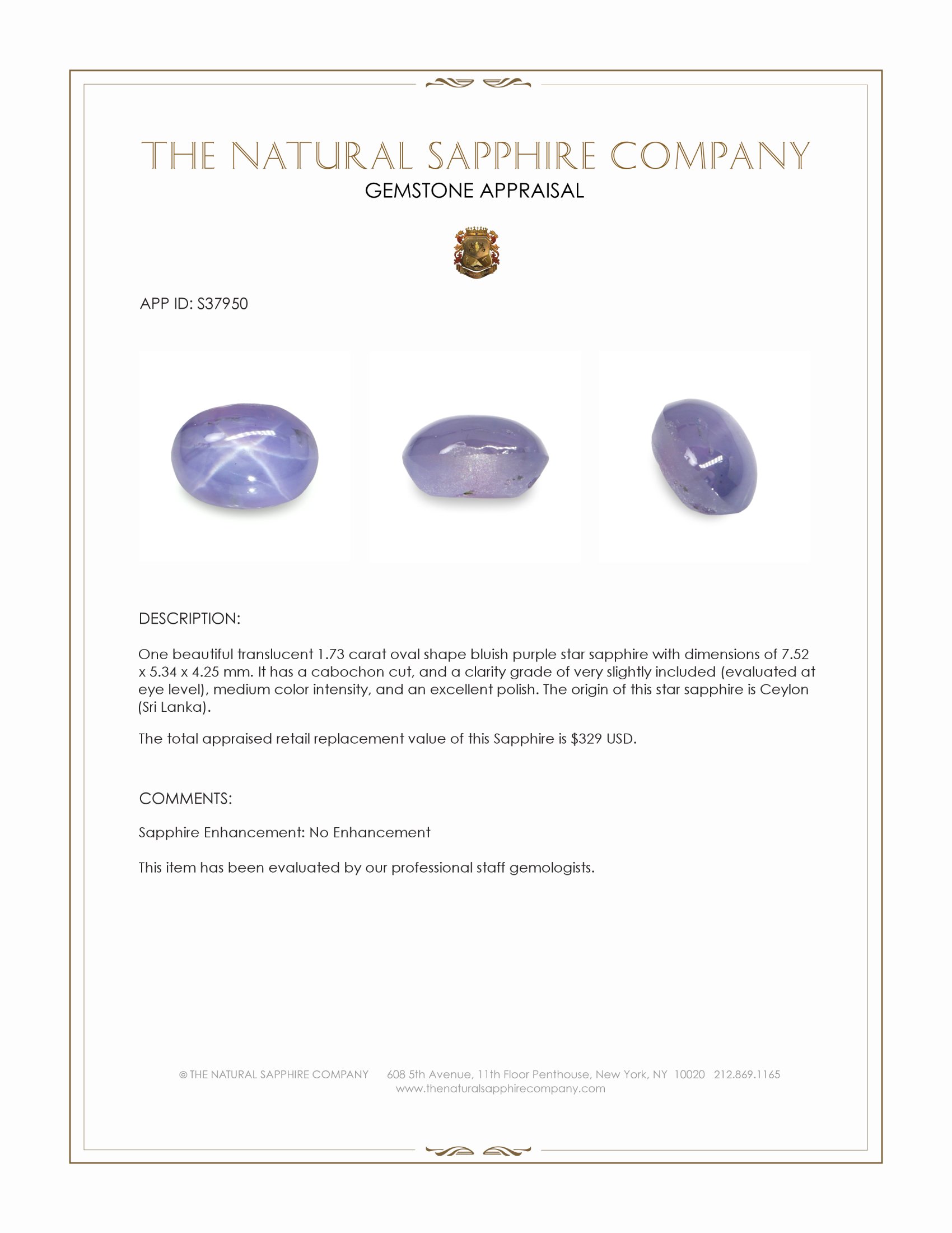 1.73 Ct. Bluish Purple Star Sapphire from Ceylon (Sri Lanka)