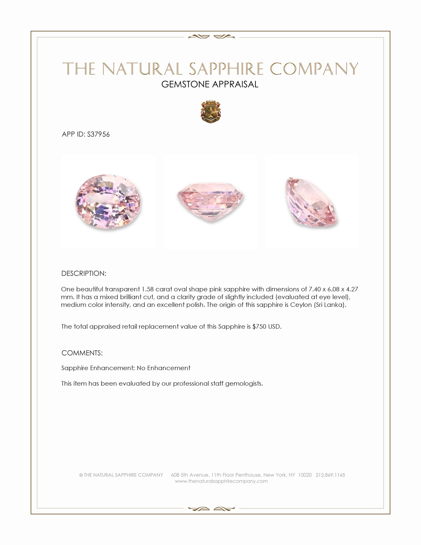 1.58 Ct. Pink Sapphire from Ceylon (Sri Lanka)