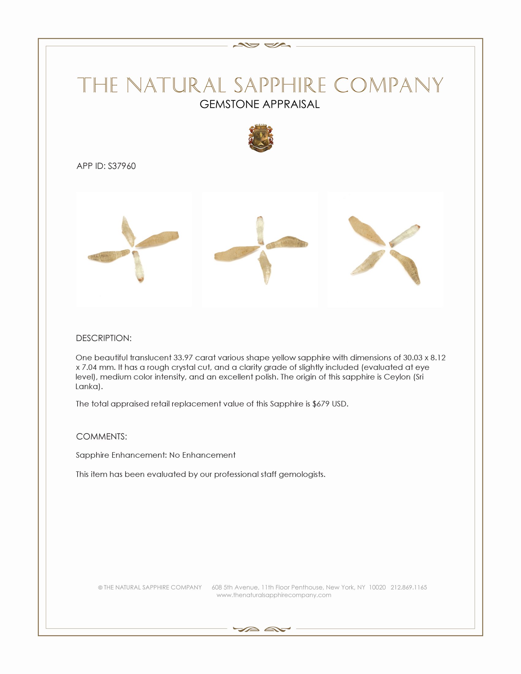 33.97 Ct. Yellow Sapphire Crystal from Ceylon (Sri Lanka)