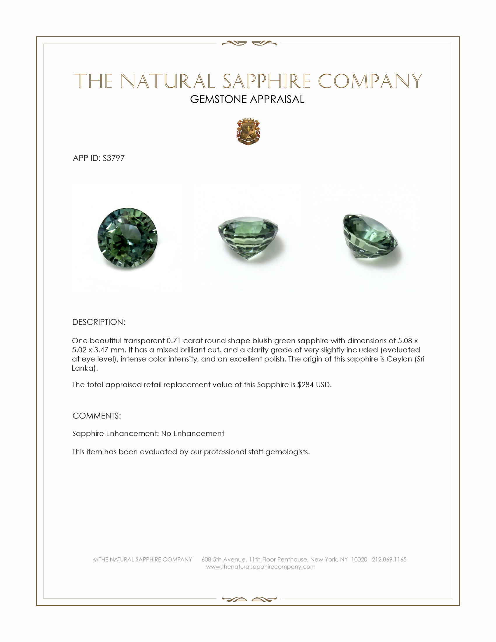 0.71 Ct. Bluish Green Sapphire from Ceylon (Sri Lanka)