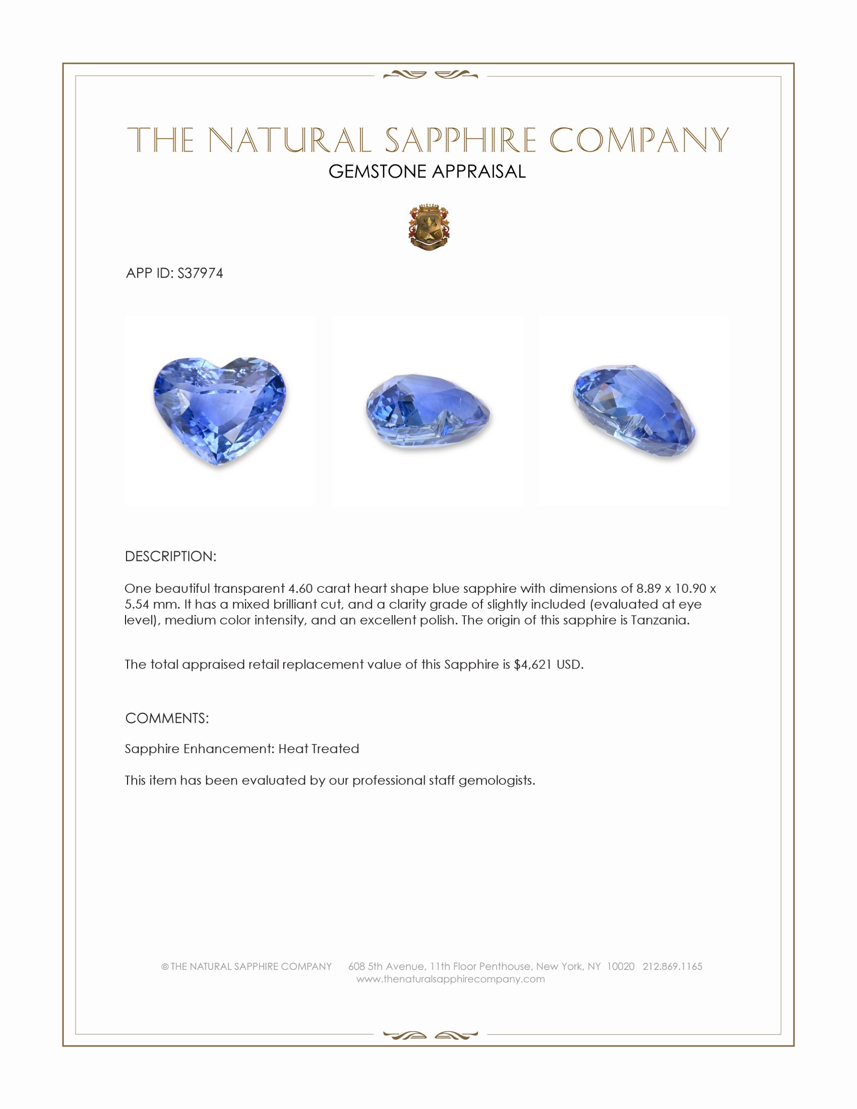 4.60 Ct. Blue Sapphire from Tanzania