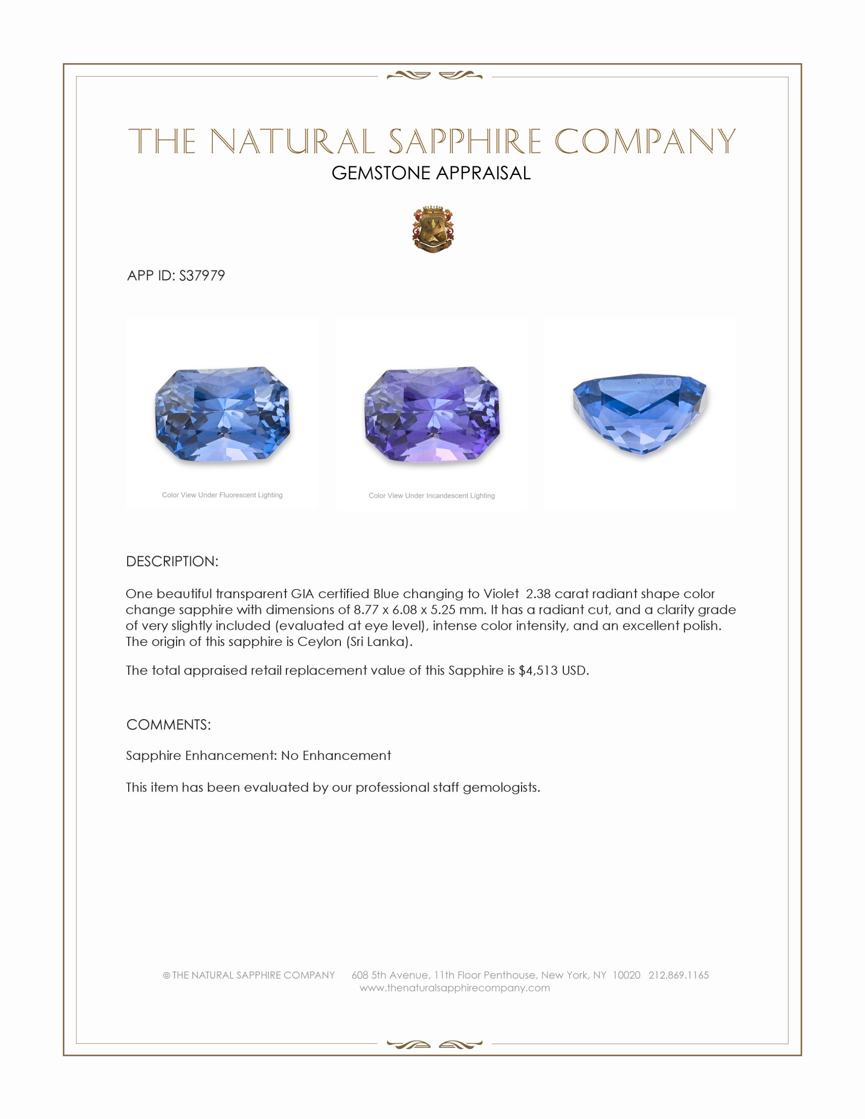 2.38 Ct. Color Change Sapphire from Ceylon (Sri Lanka)