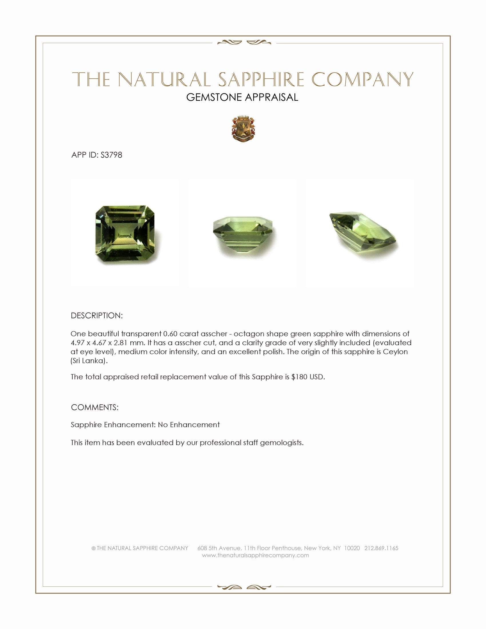 0.60 Ct. Green Sapphire from Ceylon (Sri Lanka)