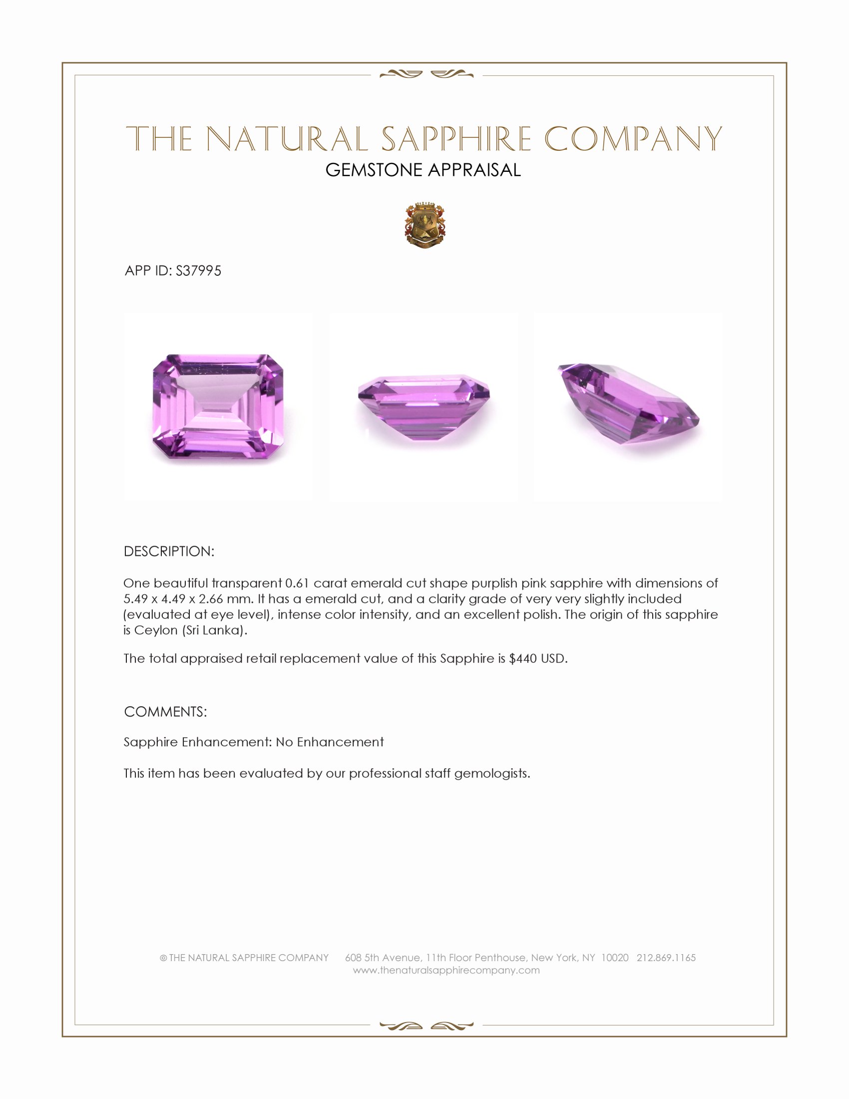 0.61 Ct. Purplish Pink Sapphire from Ceylon (Sri Lanka)