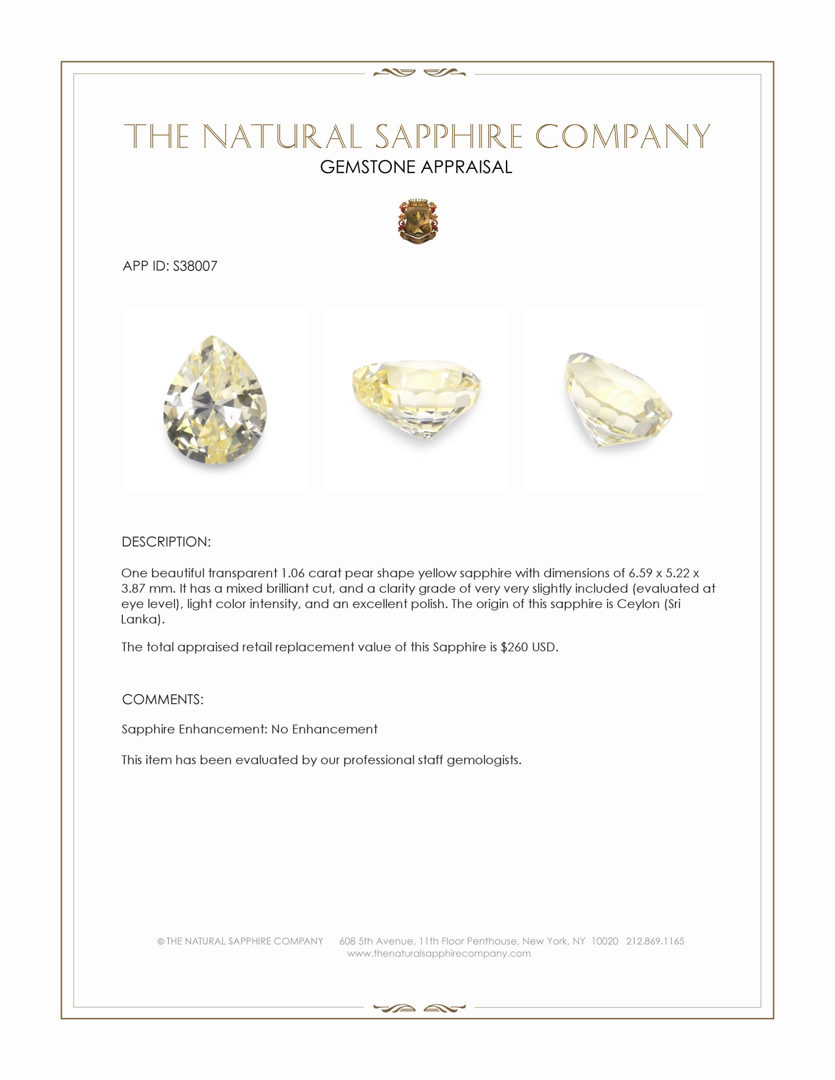 1.06 Ct. Yellow Sapphire from Ceylon (Sri Lanka)