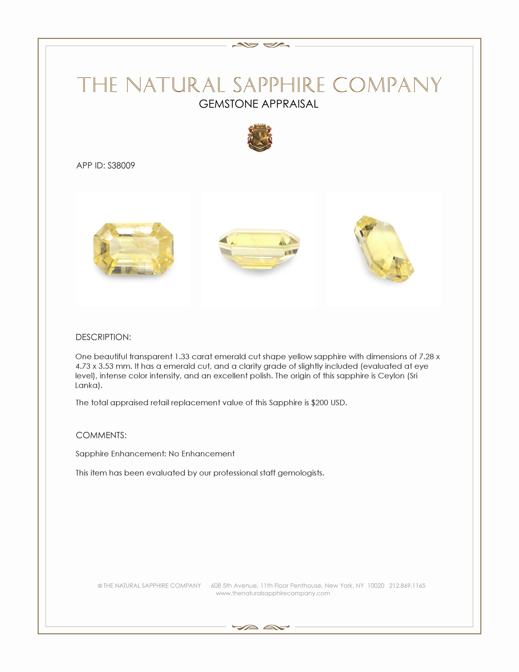 1.33 Ct. Yellow Sapphire from Ceylon (Sri Lanka)