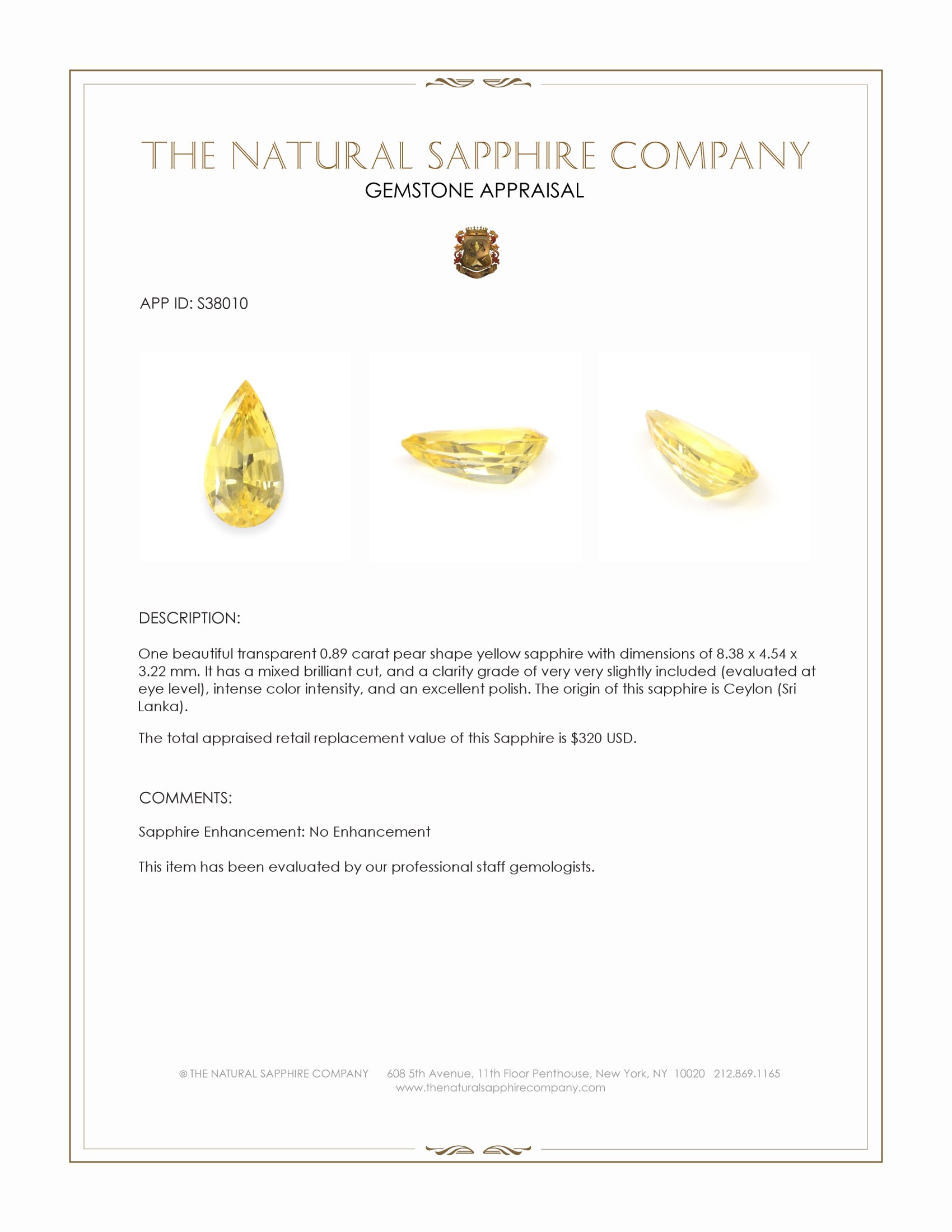 0.89 Ct. Yellow Sapphire from Ceylon (Sri Lanka)