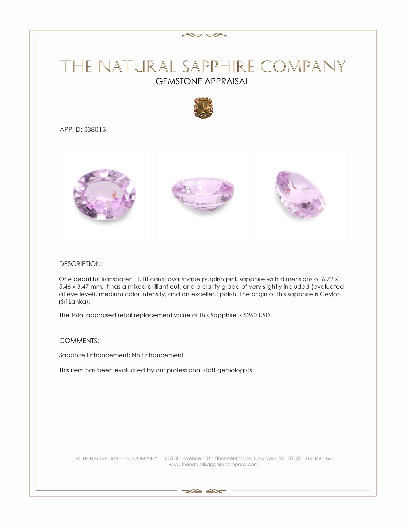 1.18 Ct. Purplish Pink Sapphire from Ceylon (Sri Lanka)