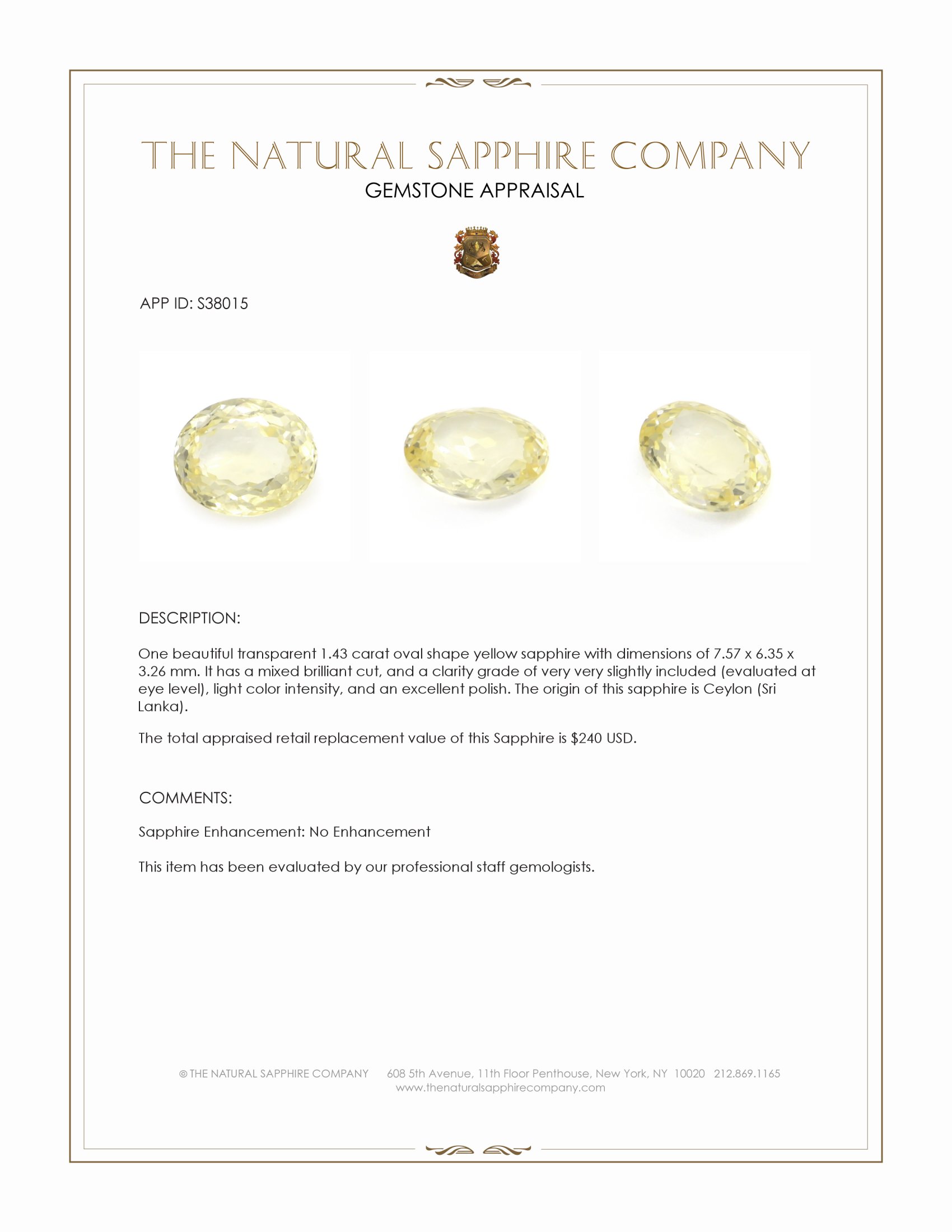 1.43 Ct. Yellow Sapphire from Ceylon (Sri Lanka)